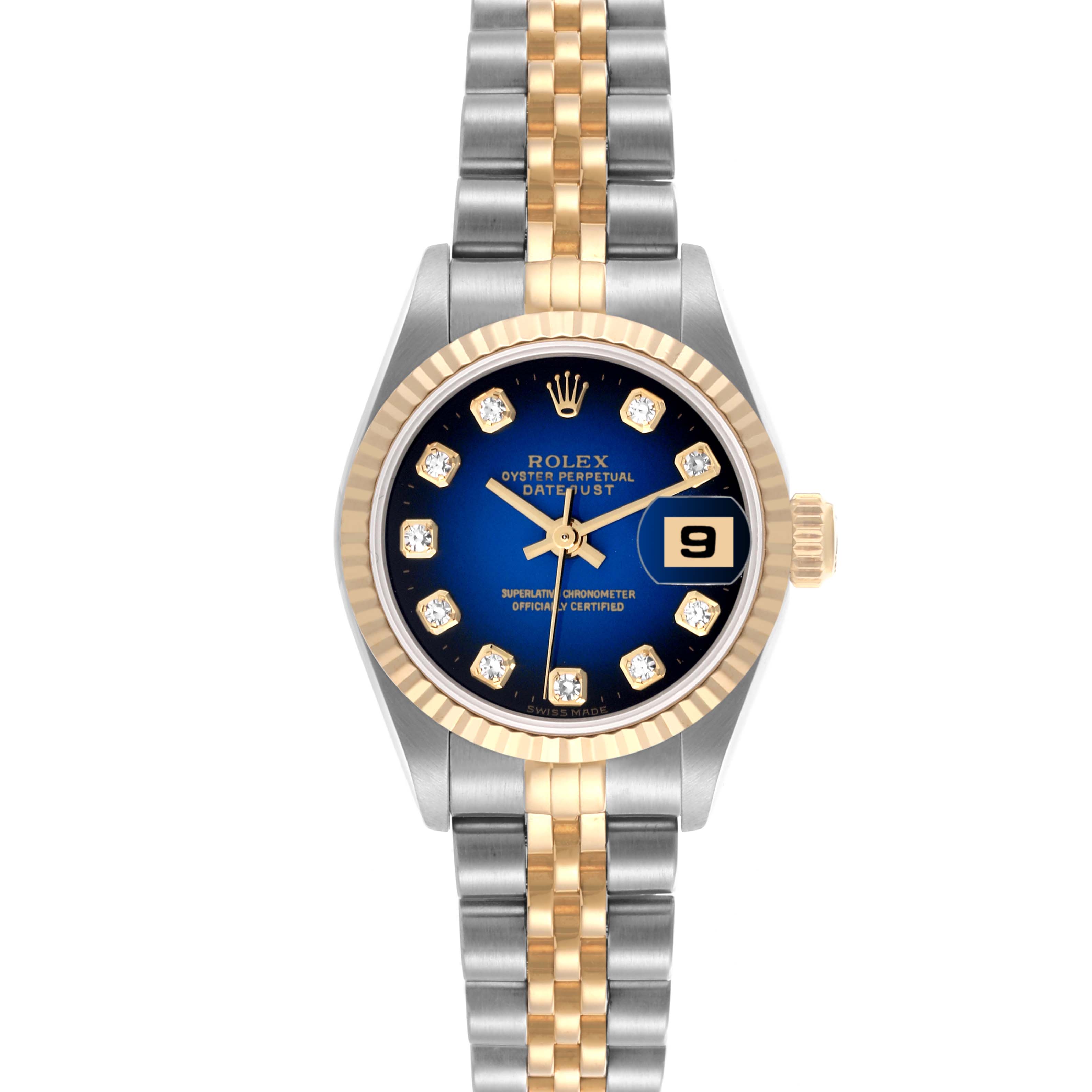 The Rolex Datejust 69173 Women's Steel and Gold (two tone) Blue Dial 69173 Women's Steel and Gold (two tone) Blue Dial watch is shown from the front, displaying the dial, bezel, and bracelet.