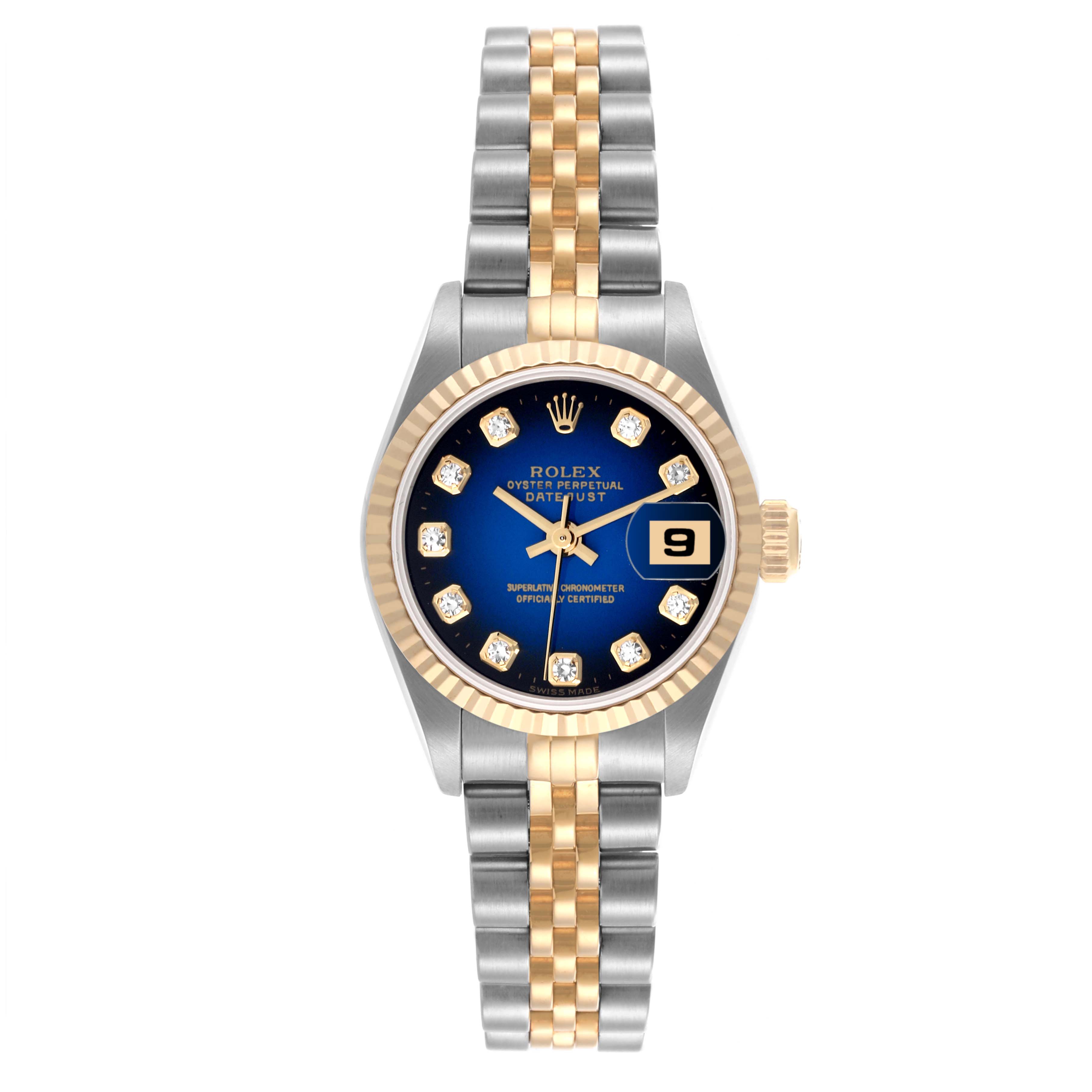 The Rolex Datejust 69173 Women's Steel and Gold (two tone) Blue Dial 69173 Women's Steel and Gold (two tone) Blue Dial watch is shown from a front angle, highlighting its face, hands, bracelet, and fluted bezel.