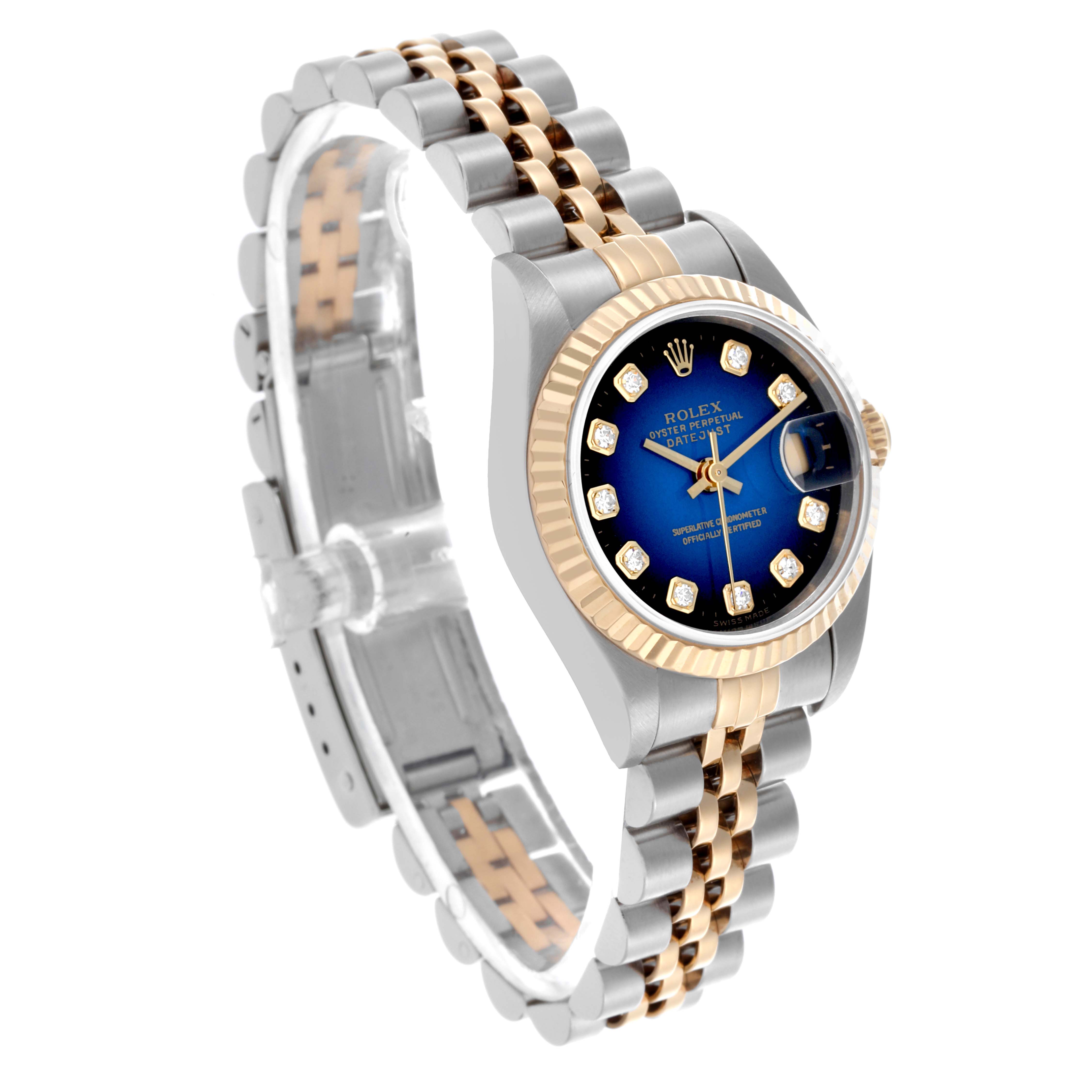 The Rolex Datejust 69173 Women's Steel and Gold (two tone) Blue Dial 69173 Women's Steel and Gold (two tone) Blue Dial watch is shown from an angled top-front view, highlighting the dial, bezel, and bracelet.
