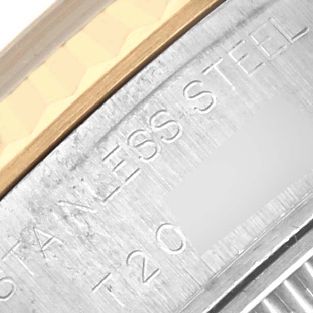 The image shows a close-up of the side of a Rolex Datejust 69173 Women's Steel and Gold (two tone) Blue Dial 69173 Women's Steel and Gold (two tone) Blue Dial, highlighting the stainless steel and gold bezel.