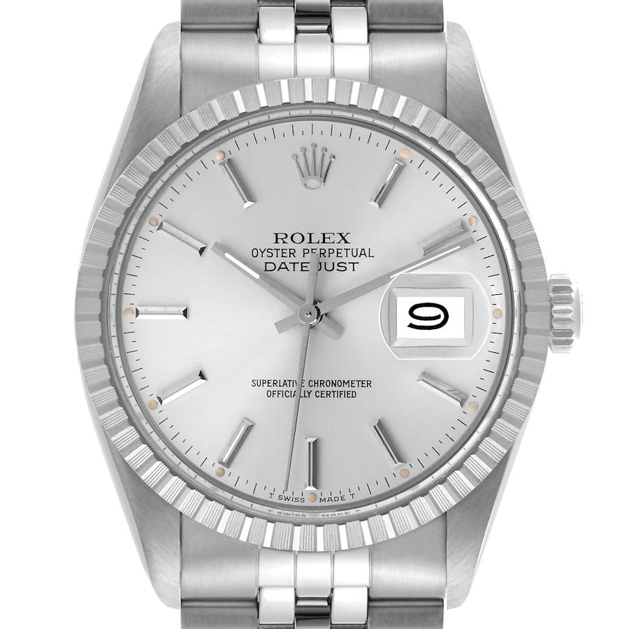 The Rolex Datejust is shown from a front angle, displaying the watch face, bezel, and bracelet.