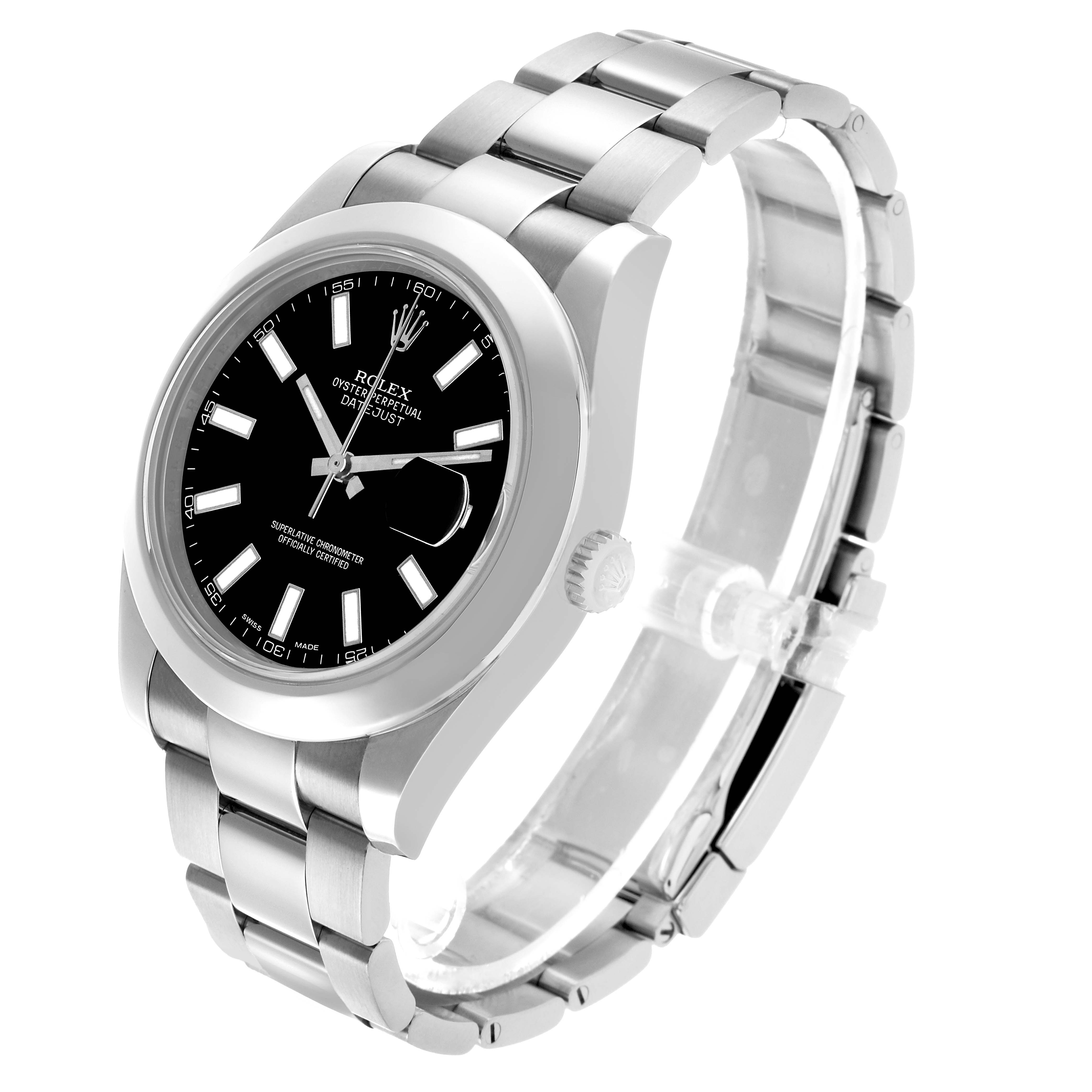 The Rolex Datejust 41 116300 Men's Stainless Steel Black Dial is shown at an angled side view, highlighting the bracelet, case, crown, and dial.
