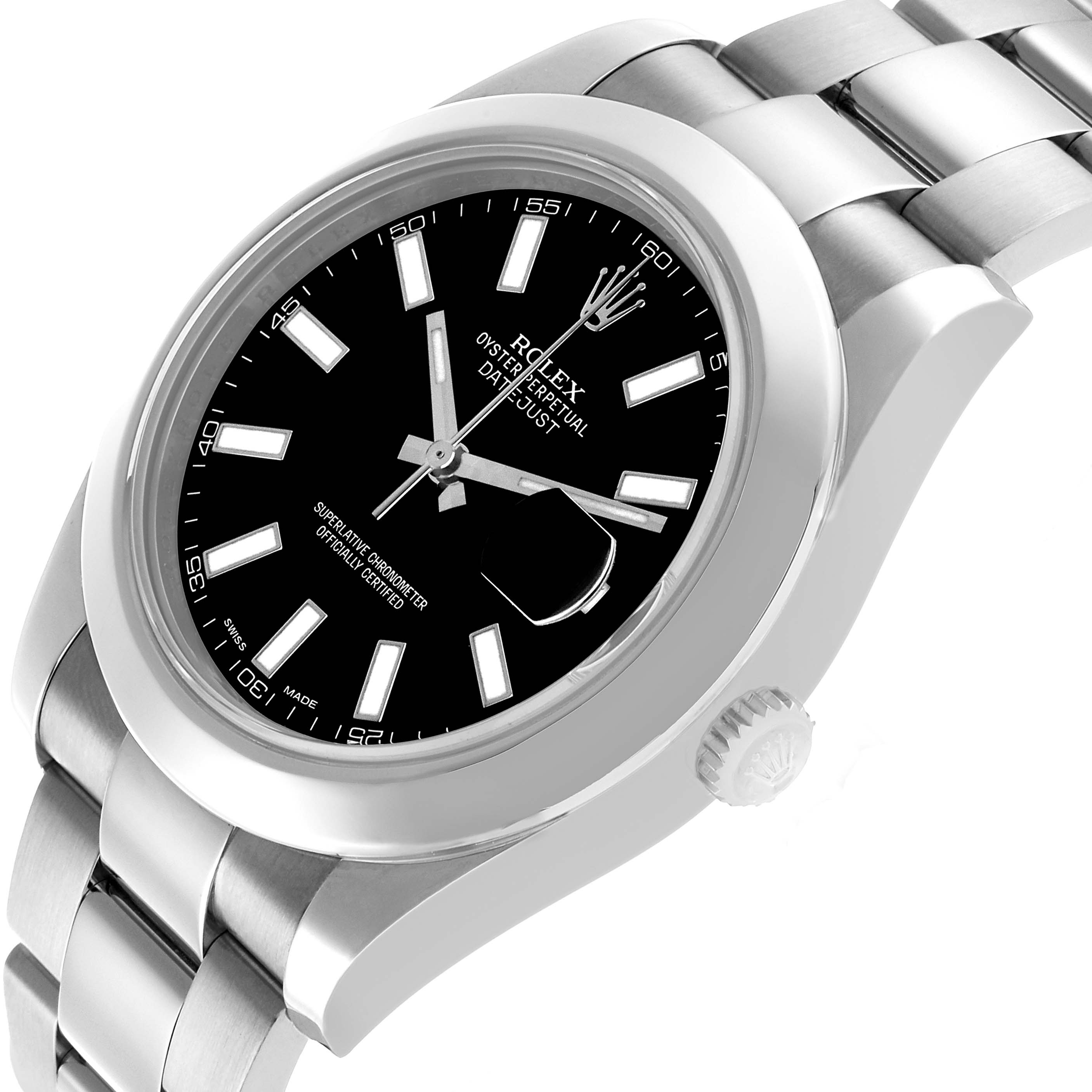 The Rolex Datejust 41 116300 Men's Stainless Steel Black Dial watch is shown at an angle highlighting the face, bezel, crown, and part of the bracelet.