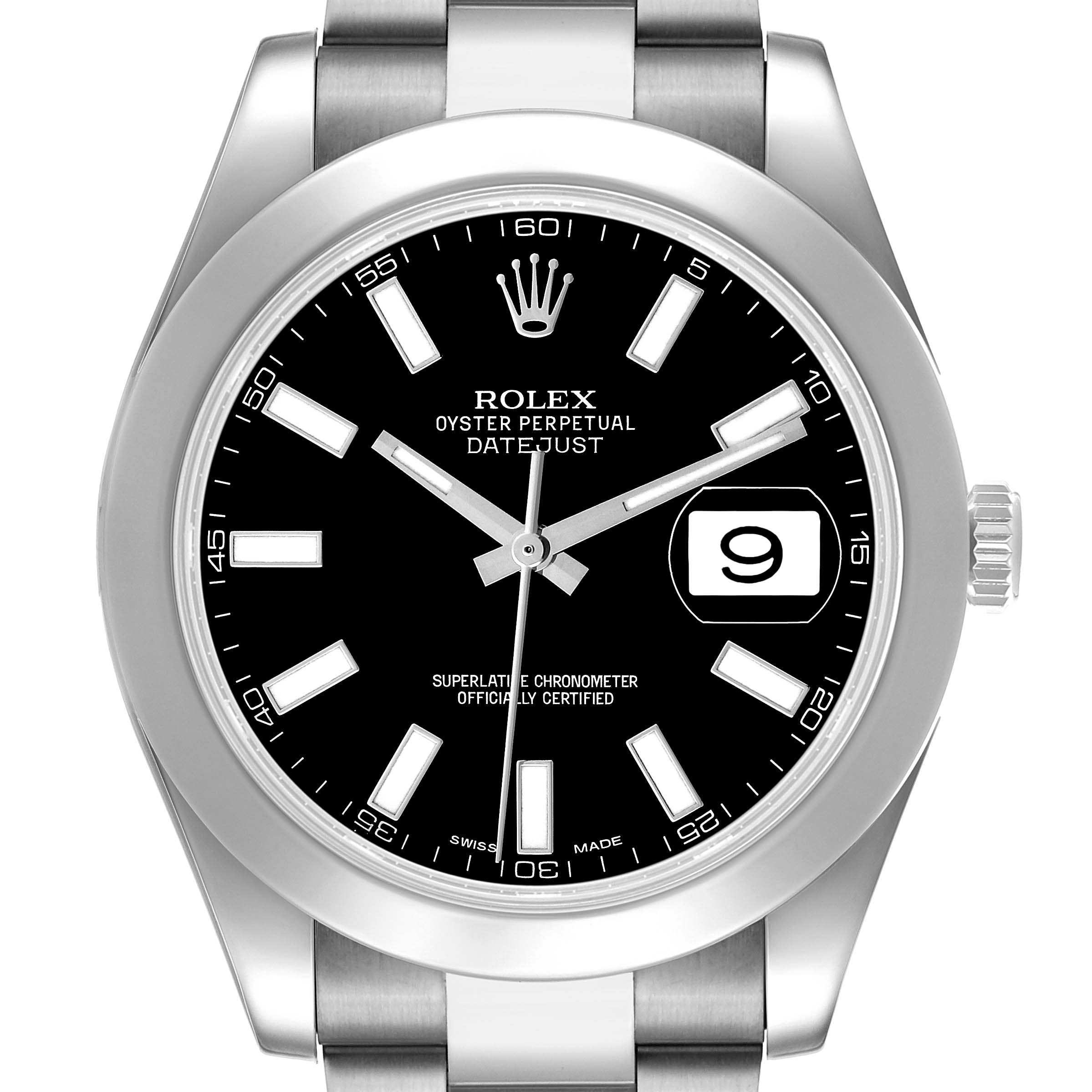 The Rolex Datejust 41 116300 Men's Stainless Steel Black Dial watch is shown from a front angle, highlighting the dial, bracelet, and crown.