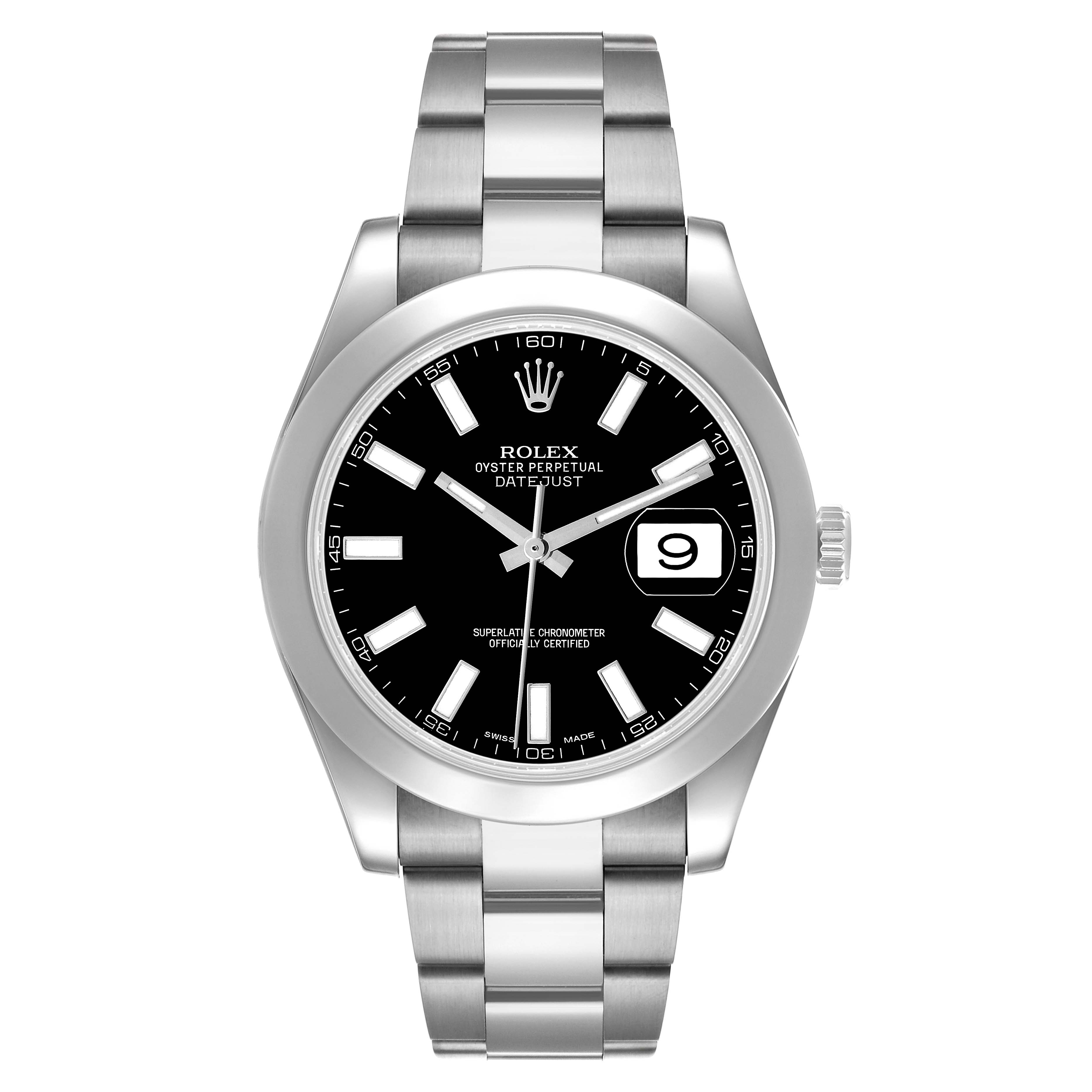 The Rolex Datejust 41 116300 Men's Stainless Steel Black Dial is shown from the front, displaying its dial, bezel, bracelet, and crown.