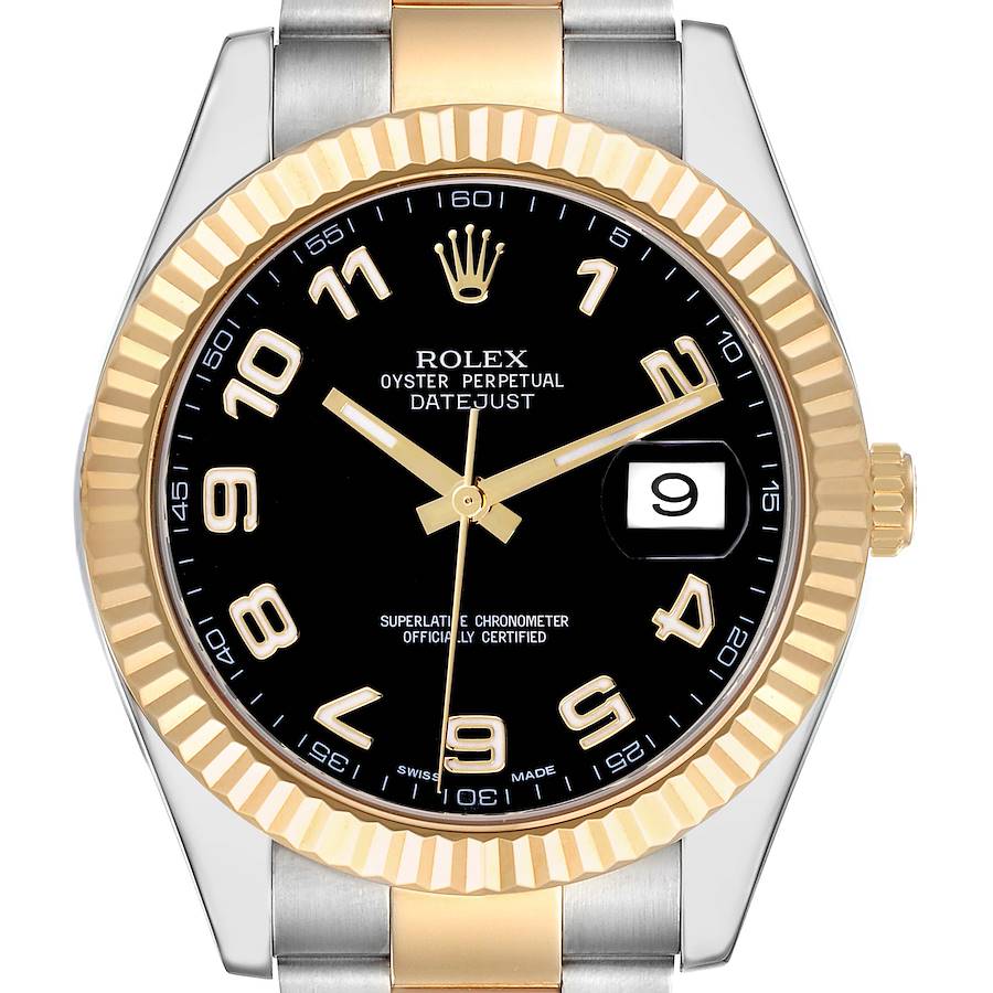 The Rolex Datejust 41 watch is shown from a frontal angle, displaying the face, fluted bezel, and part of the bracelet.