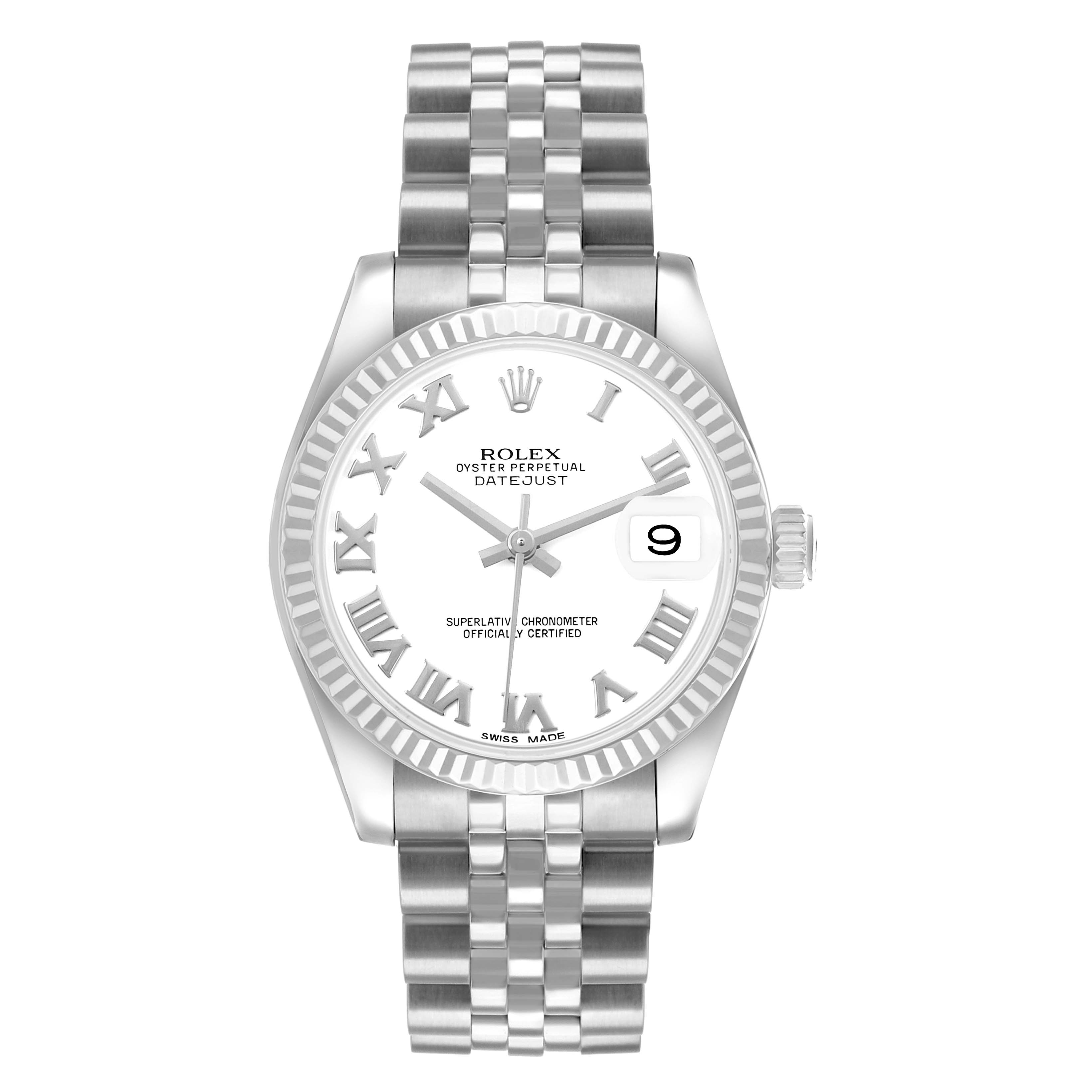 The Rolex Mid-Size 178274 Women's Stainless Steel White Dial watch is shown from the front, displaying the face, bezel, hour markers, hands, date window, and bracelet.