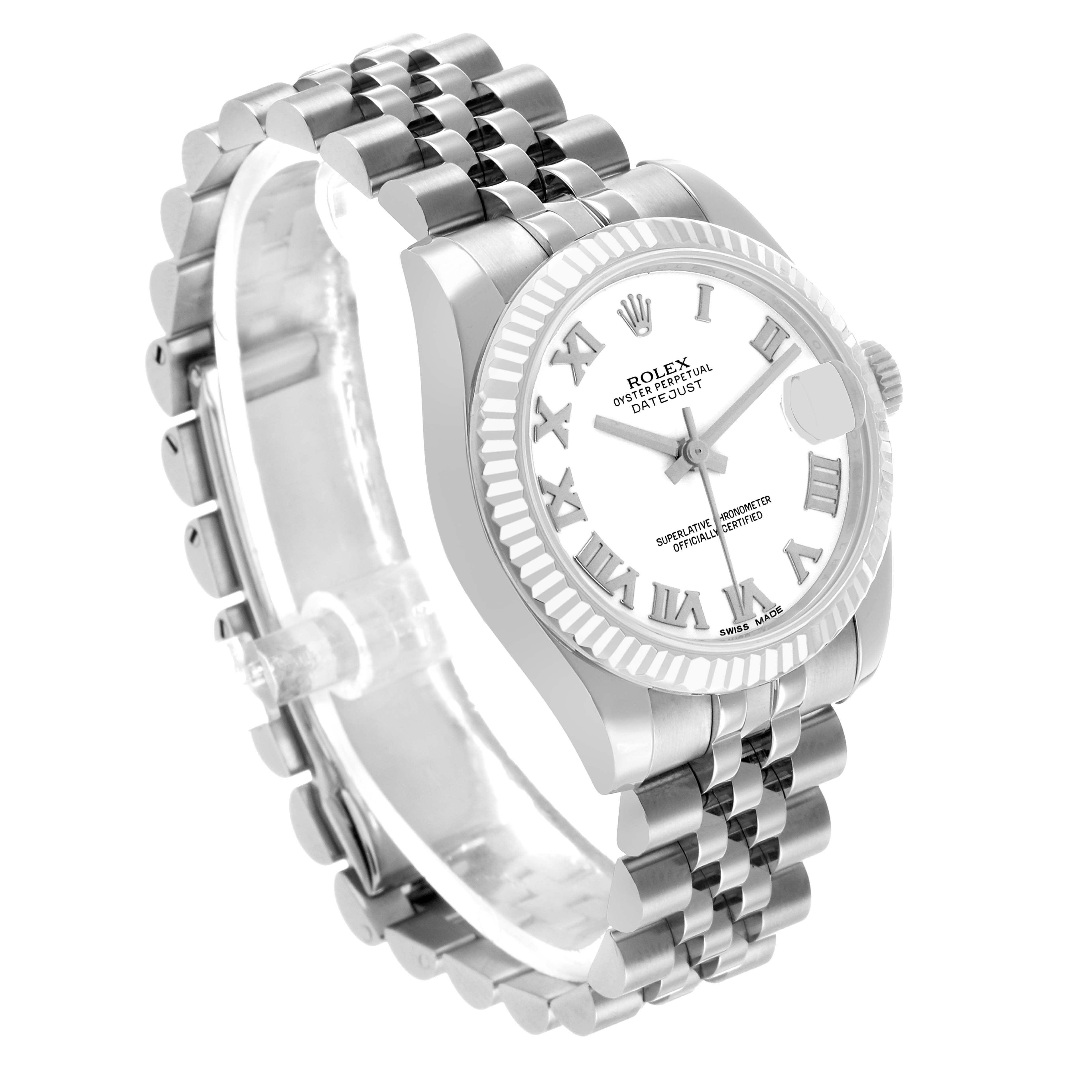 The Rolex Mid-Size 178274 Women's Stainless Steel White Dial watch is shown at an angled view, highlighting the bracelet, bezel, and face with Roman numerals.