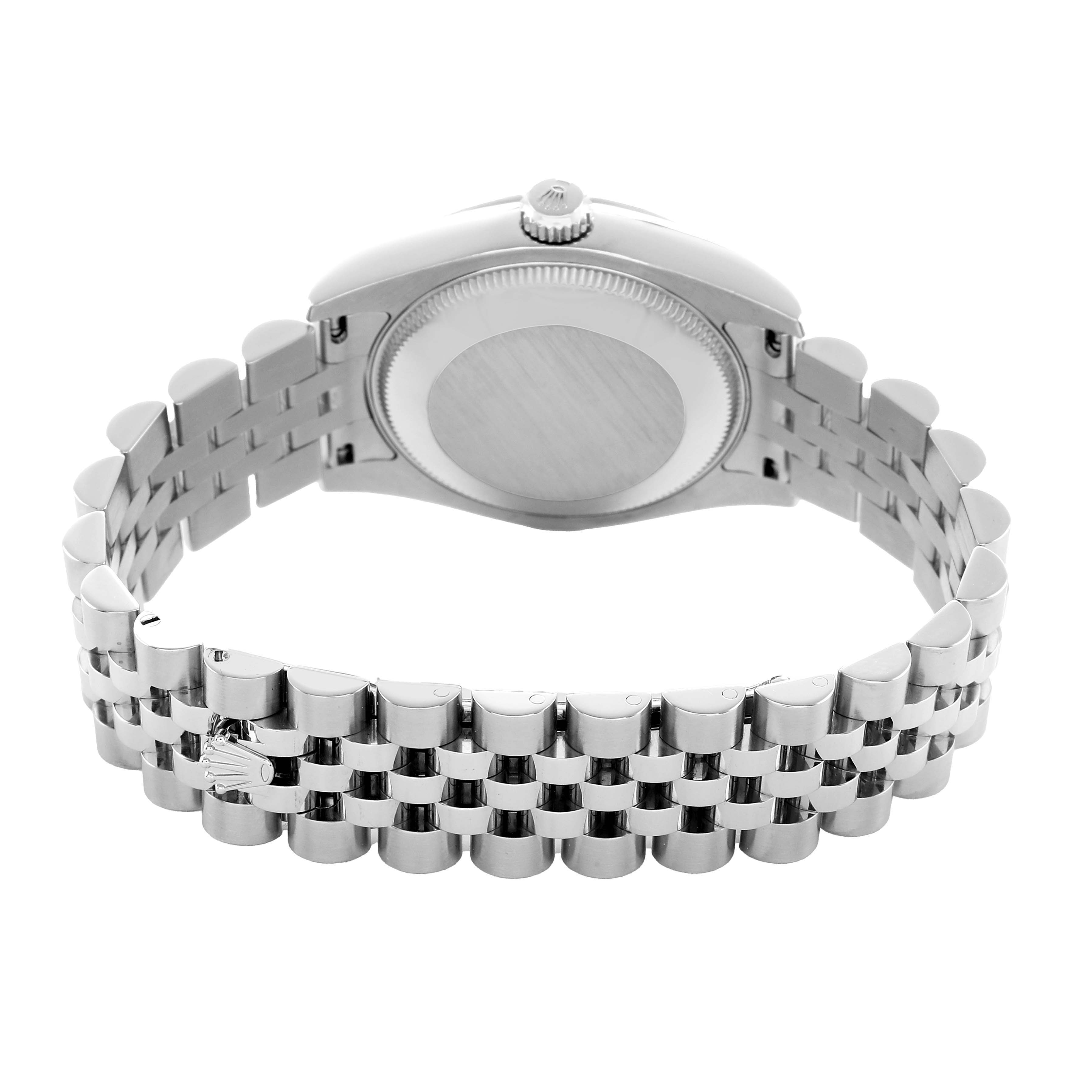 The image shows the back of a Rolex Mid-Size 178274 Women's Stainless Steel White Dial model, highlighting the bracelet and case back from a rear angle.