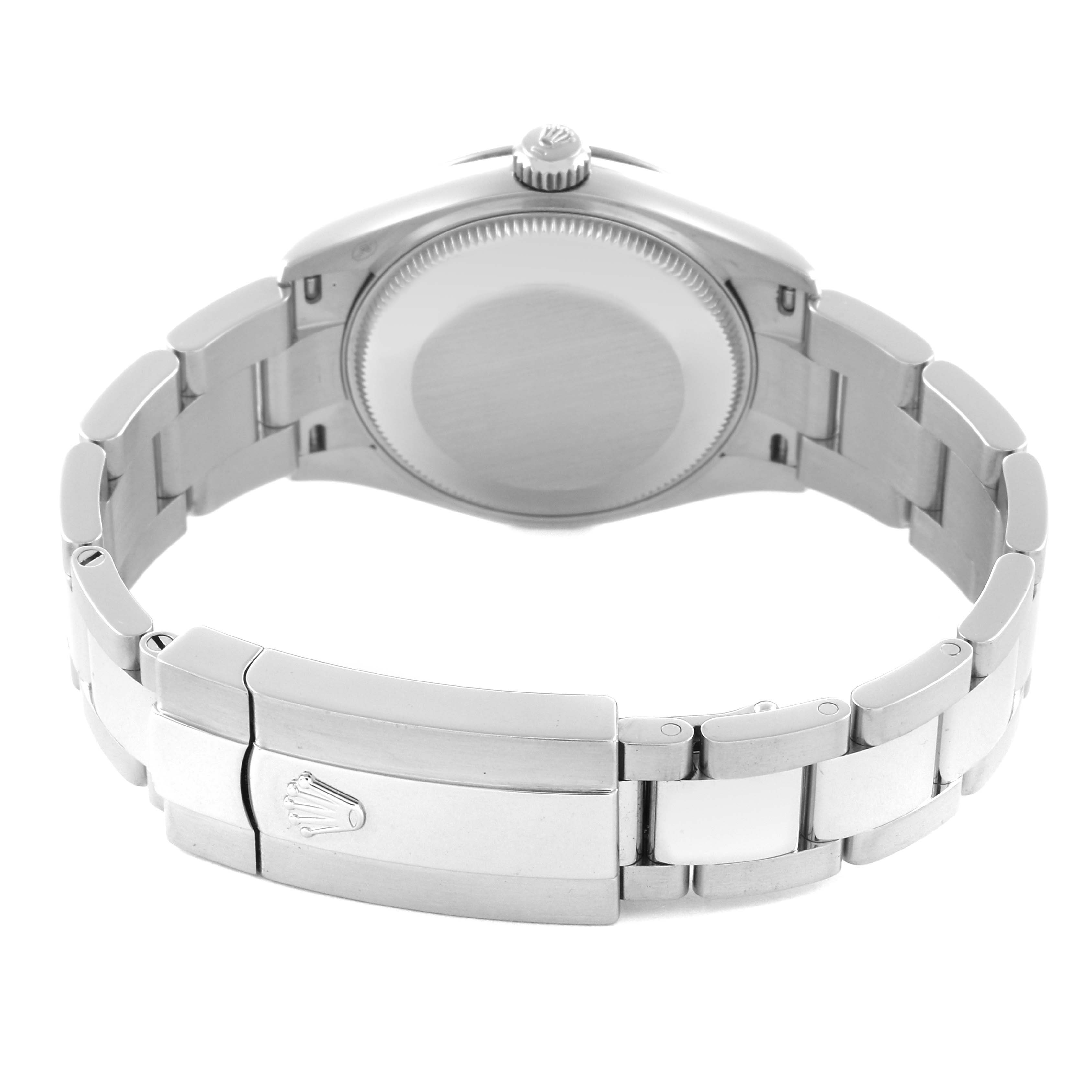 The image shows the back case and clasp of a Rolex Mid-Size 278274 Women's Stainless Steel Green Dial 278274 Women's Stainless Steel Green Dial watch, highlighting its bracelet and crown logo on the clasp.