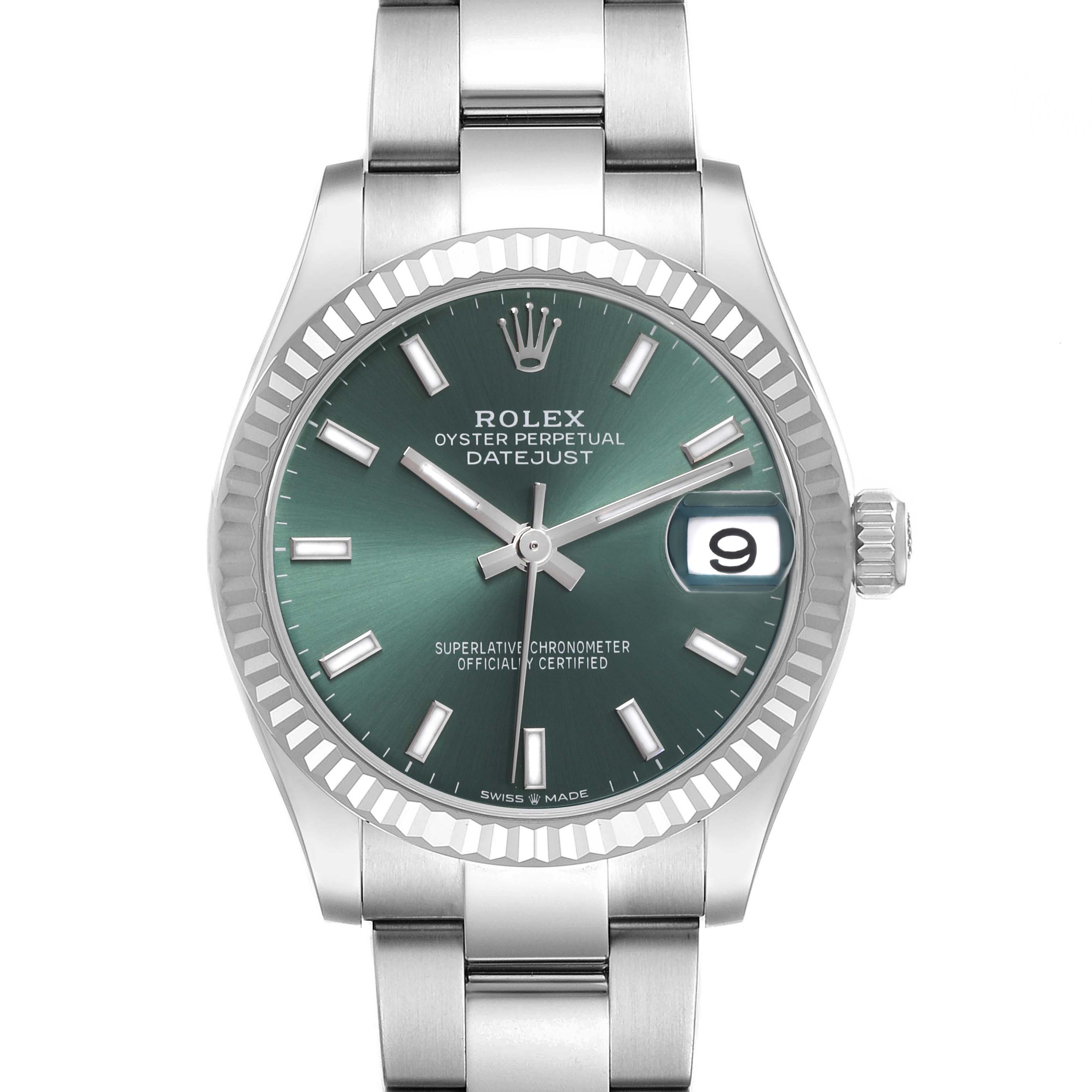 This image shows a front view of the Rolex Mid-Size 278274 Women's Stainless Steel Green Dial 278274 Women's Stainless Steel Green Dial Oyster Perpetual Datejust, highlighting its face and bracelet.
