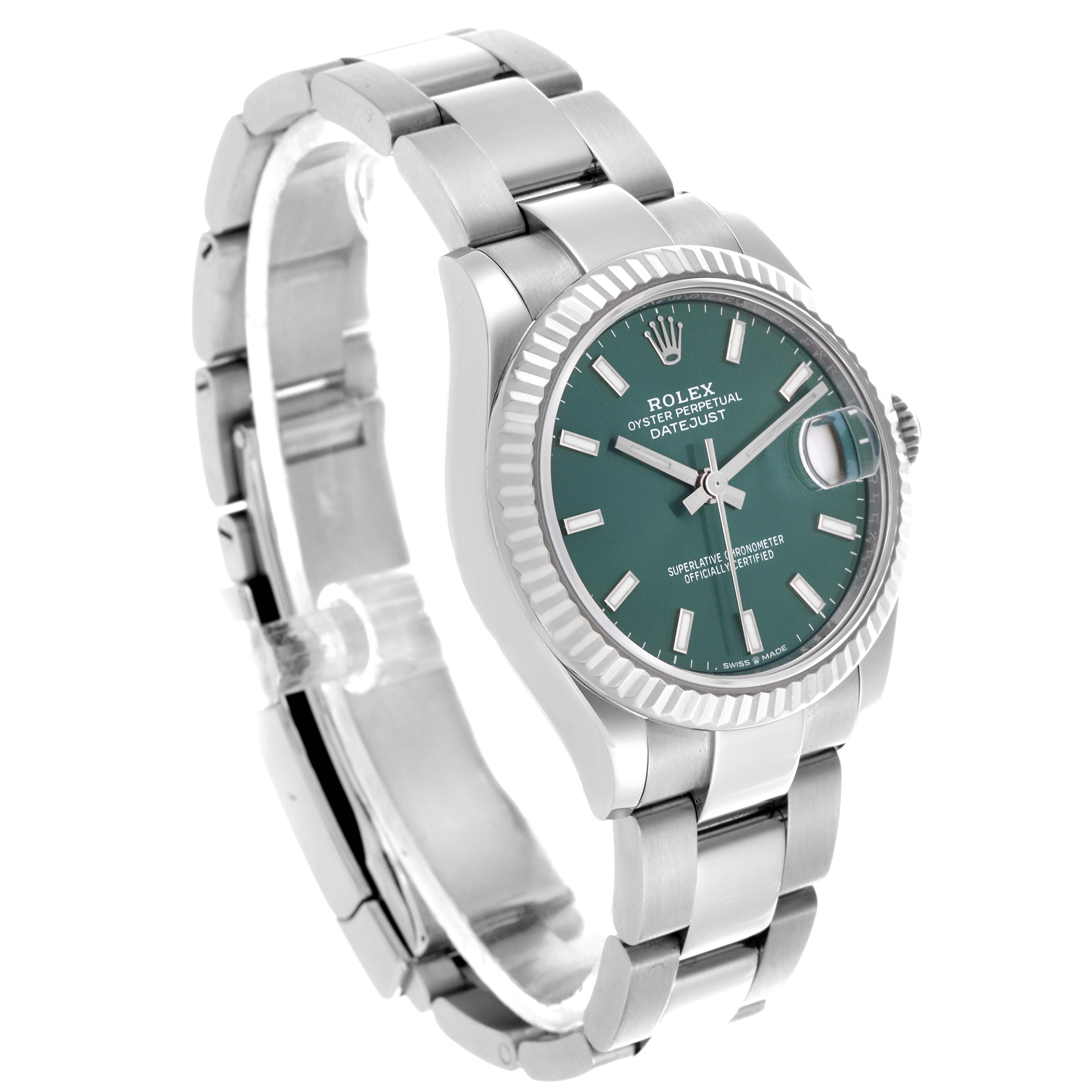 The Rolex Mid-Size 278274 Women's Stainless Steel Green Dial 278274 Women's Stainless Steel Green Dial Datejust is shown at a three-quarter angle highlighting the dial, bezel, and bracelet.