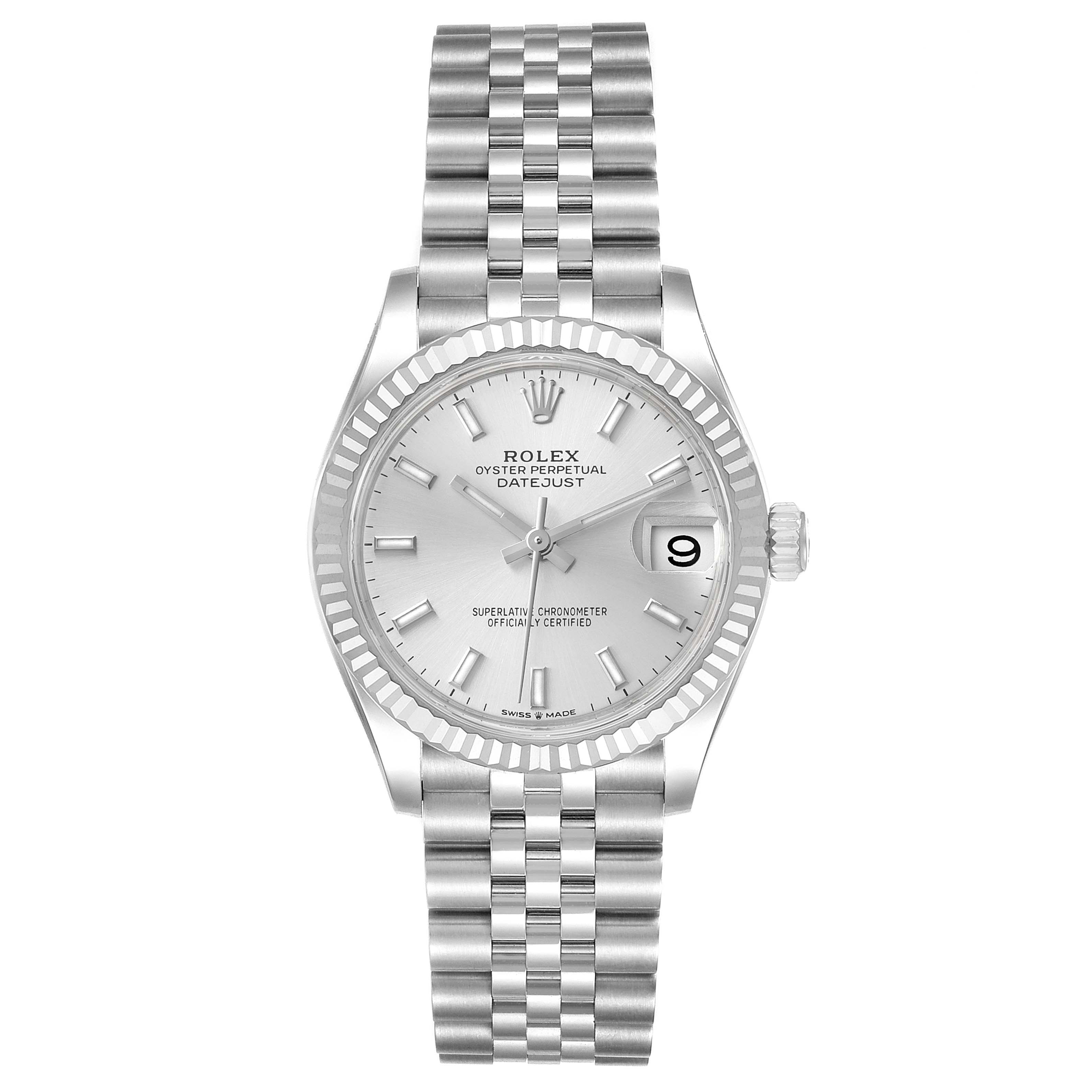 The image shows a frontal view of a Rolex Mid-Size 278274 Women
s Stainless Steel Silver Dial 278274 Women
s Stainless Steel Silver Dial Oyster Perpetual Datejust watch with a silver dial and jubilee bracelet.