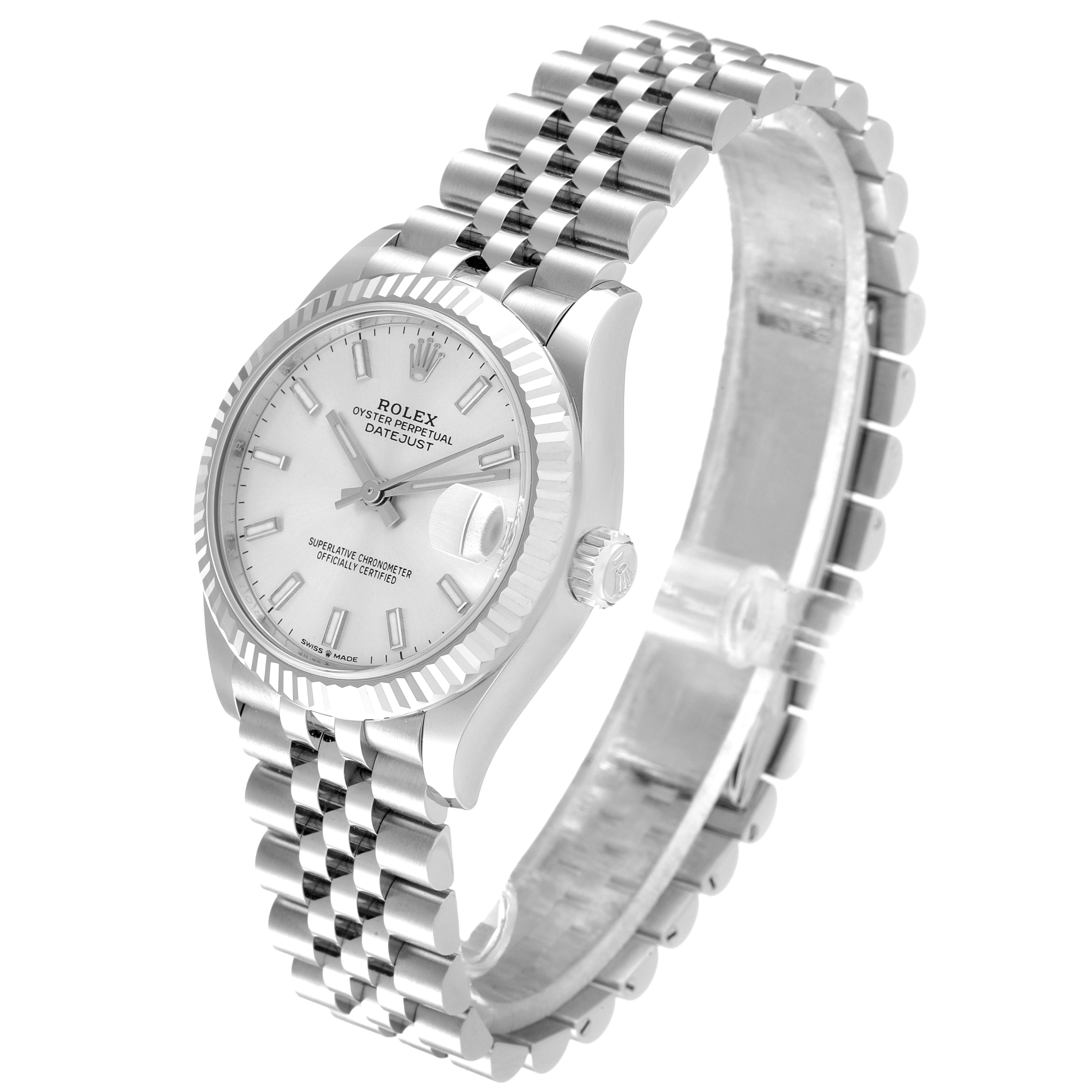 The watch, a Rolex Datejust Mid-Size model, is shown at an angle displaying the face, bezel, and a portion of its bracelet.