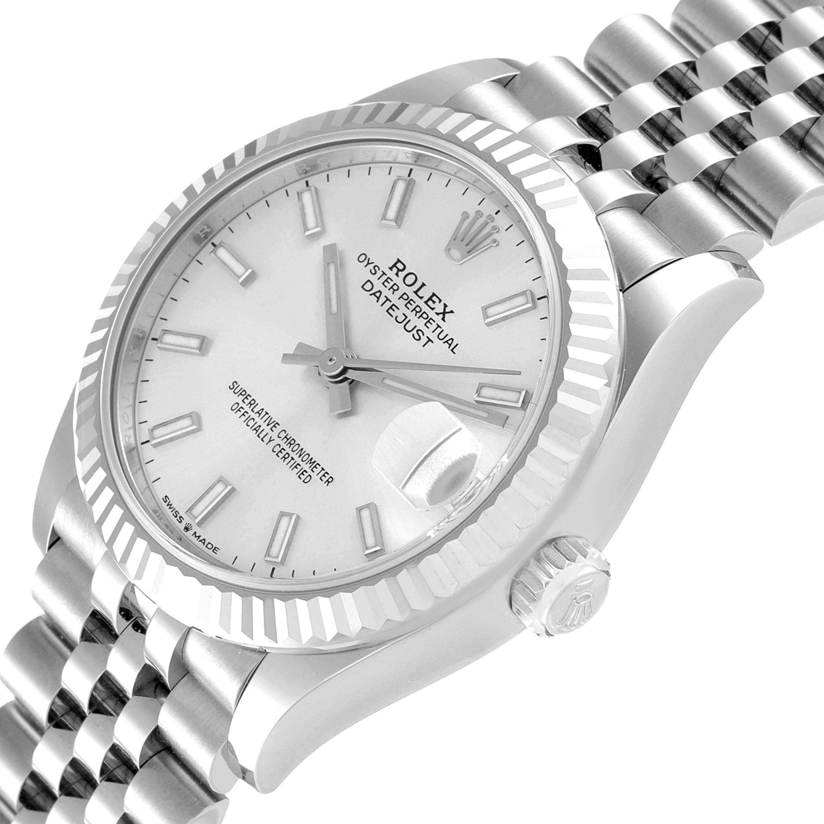 The image shows a Rolex Mid-Size 278274 Women
s Stainless Steel Silver Dial 278274 Women
s Stainless Steel Silver Dial Datejust watch at a slight side angle, highlighting the dial, bezel, crown, and part of the bracelet.