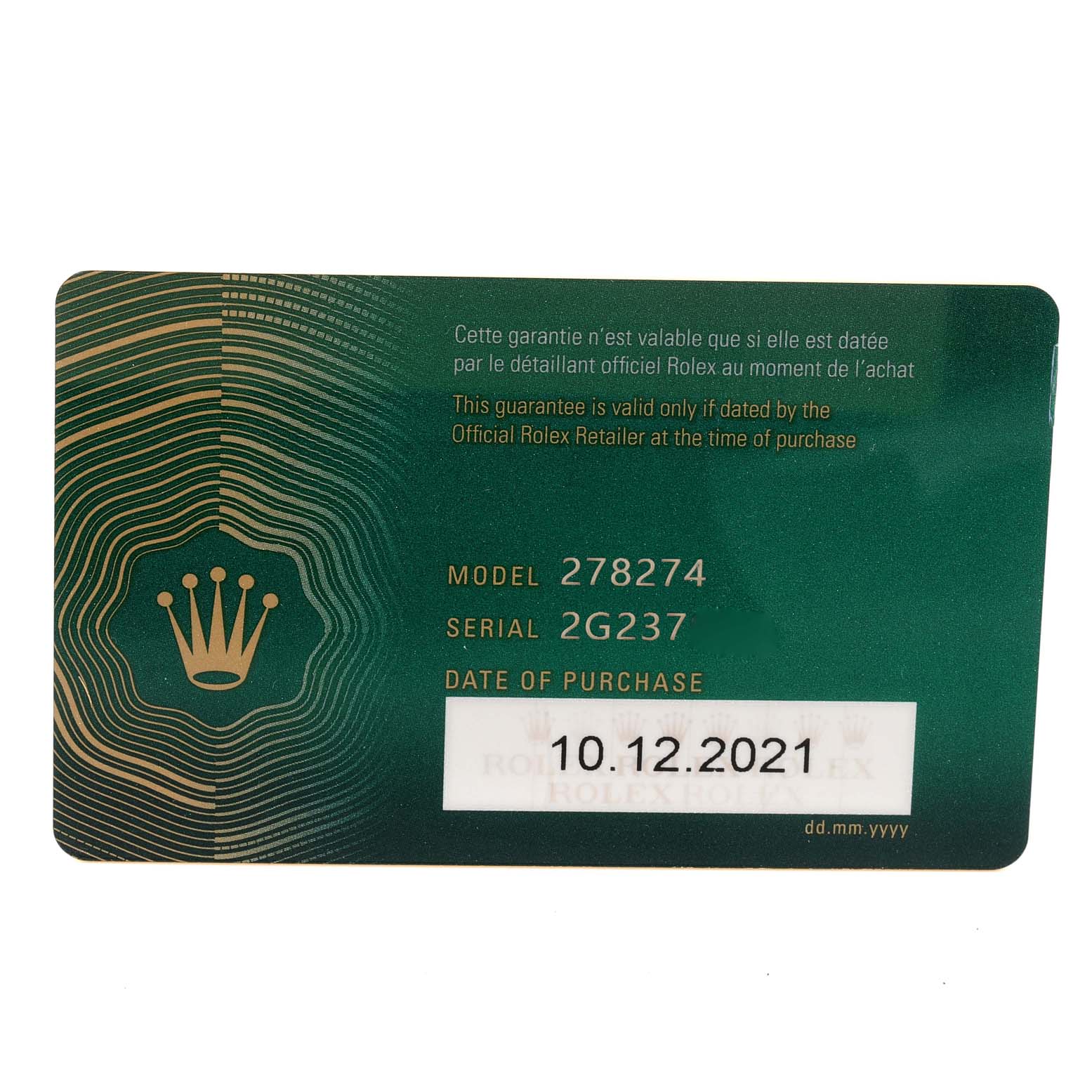 This image shows the front side of a Rolex warranty card for a Mid-Size model 278274, purchased on 10.12.2021.