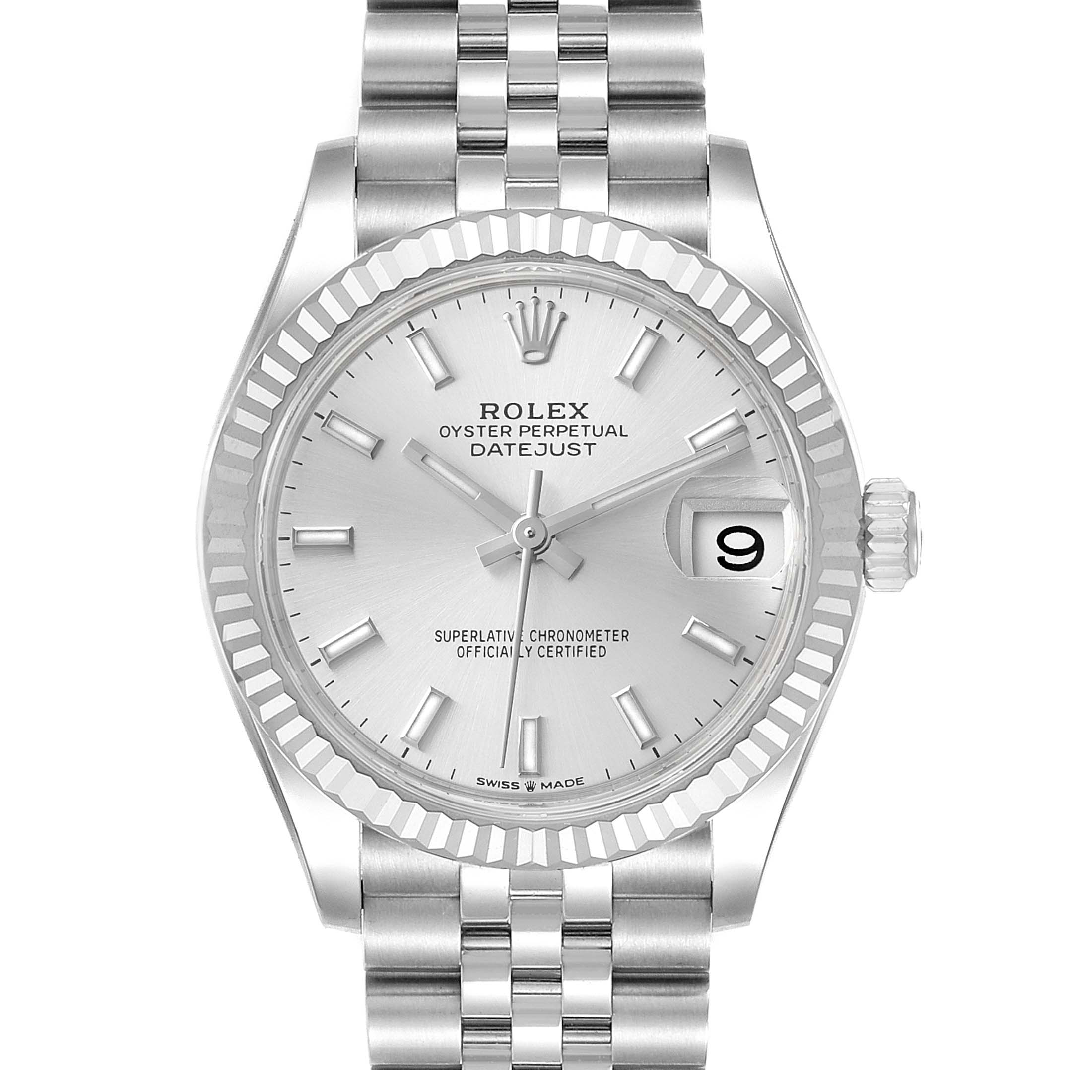 The image shows a front view of a Rolex Mid-Size 278274 Women
s Stainless Steel Silver Dial 278274 Women
s Stainless Steel Silver Dial Oyster Perpetual Datejust watch, displaying its face, bezel, and part of the bracelet.