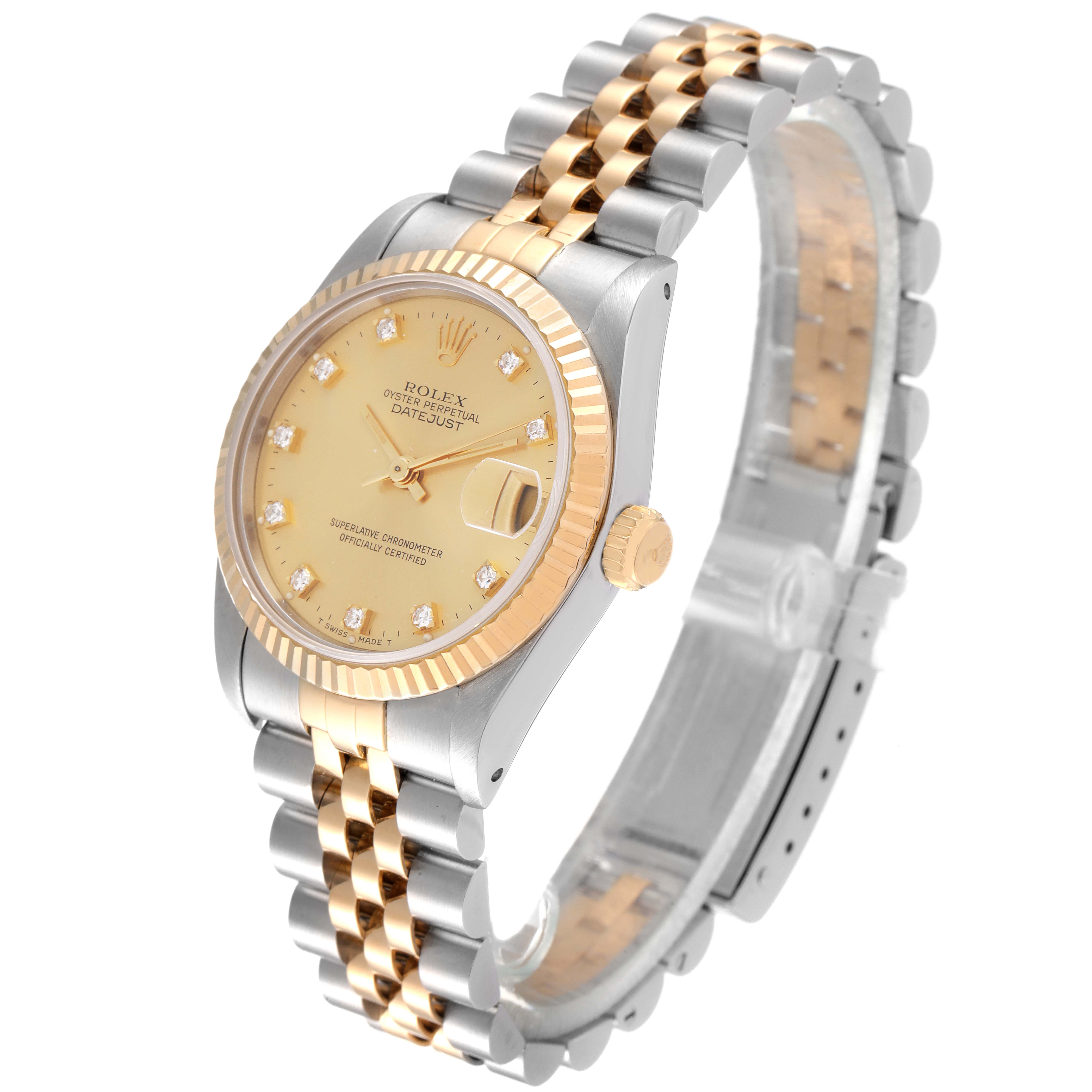 The image shows a Rolex Datejust Mid-Size watch at an angle, displaying the dial, bezel, crown, and bracelet.