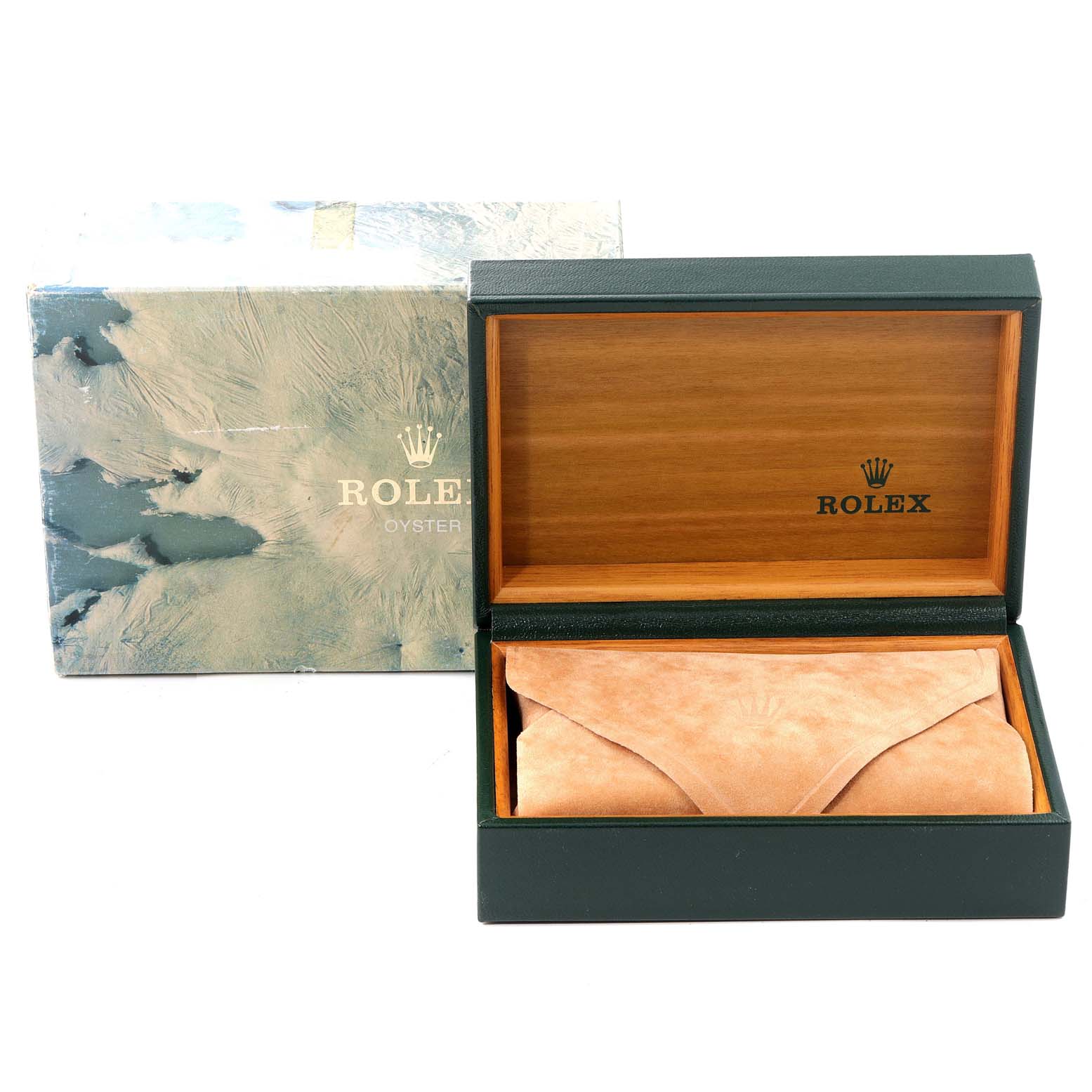 The image shows the box and case packaging for a Rolex Mid-Size 68273 Women
s Steel and Gold (two tone) Champagne Dial 68273 Women
s Steel and Gold (two tone) Champagne Dial model watch, with the boxes open and closed.