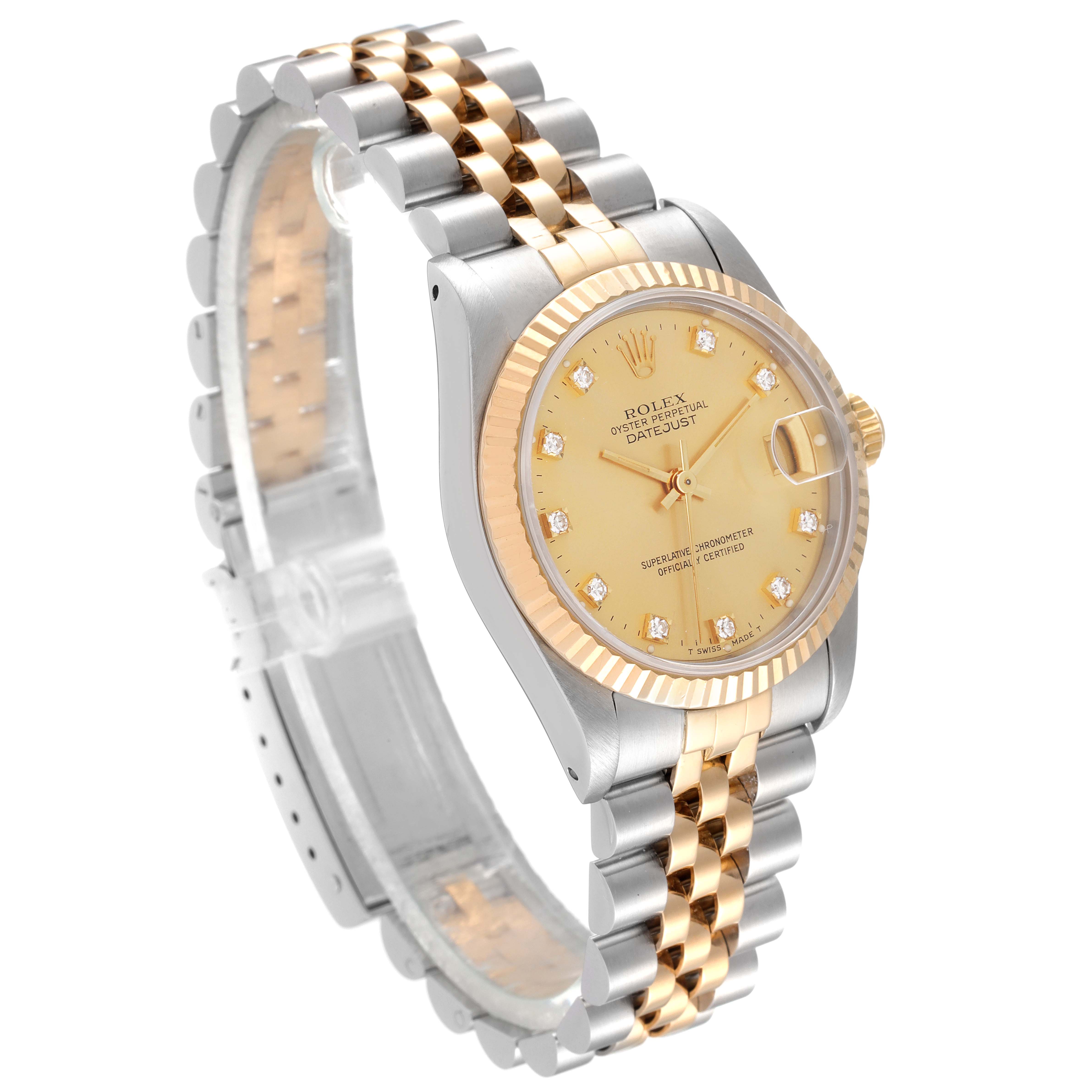 This image shows a Rolex Mid-Size 68273 Women
s Steel and Gold (two tone) Champagne Dial 68273 Women
s Steel and Gold (two tone) Champagne Dial Datejust watch from a three-quarter angle, highlighting the face, bezel, and two-tone bracelet.