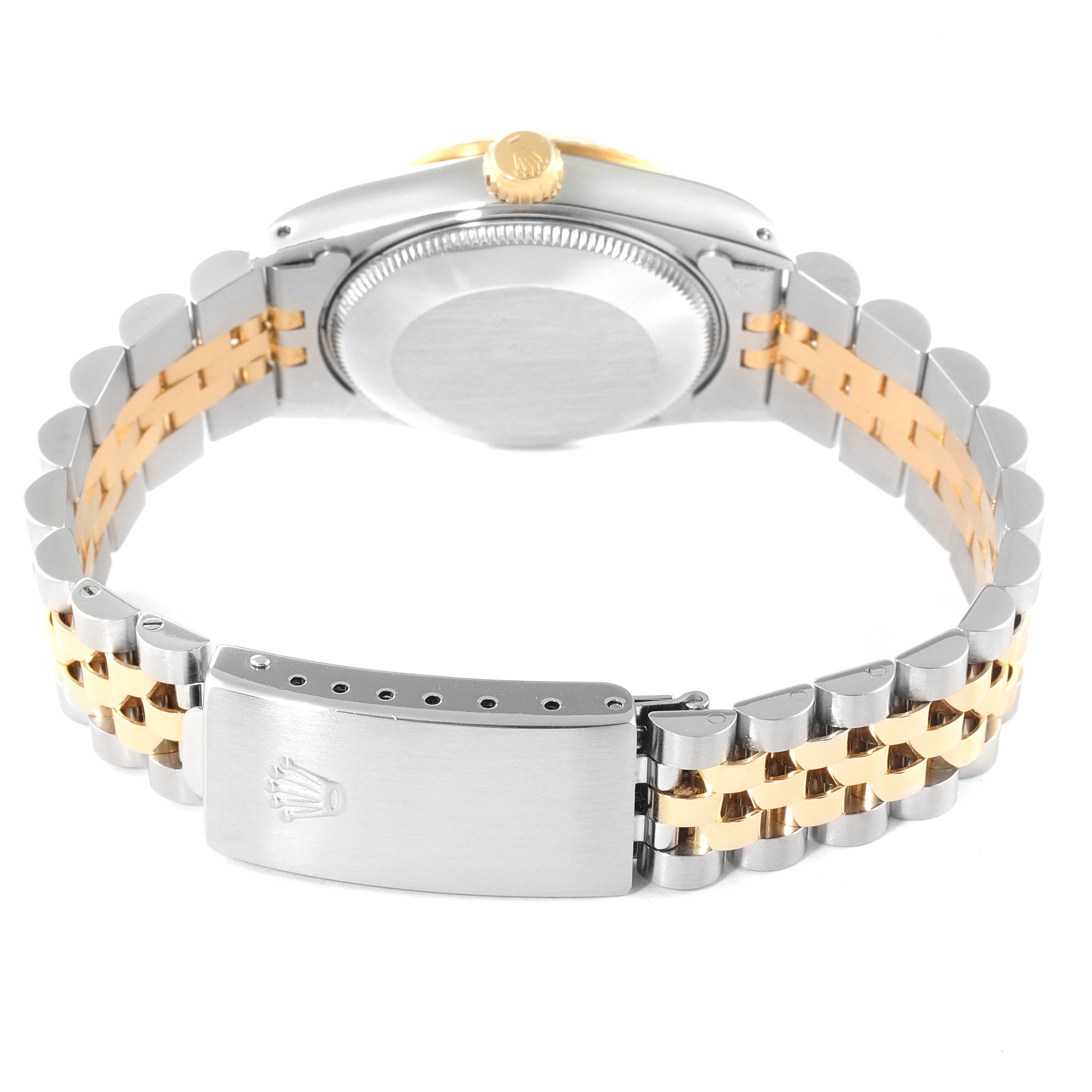The image shows the backside of a Rolex Mid-Size 68273 Women
s Steel and Gold (two tone) Champagne Dial 68273 Women
s Steel and Gold (two tone) Champagne Dial watch, highlighting its bracelet, clasp, case back, and crown.