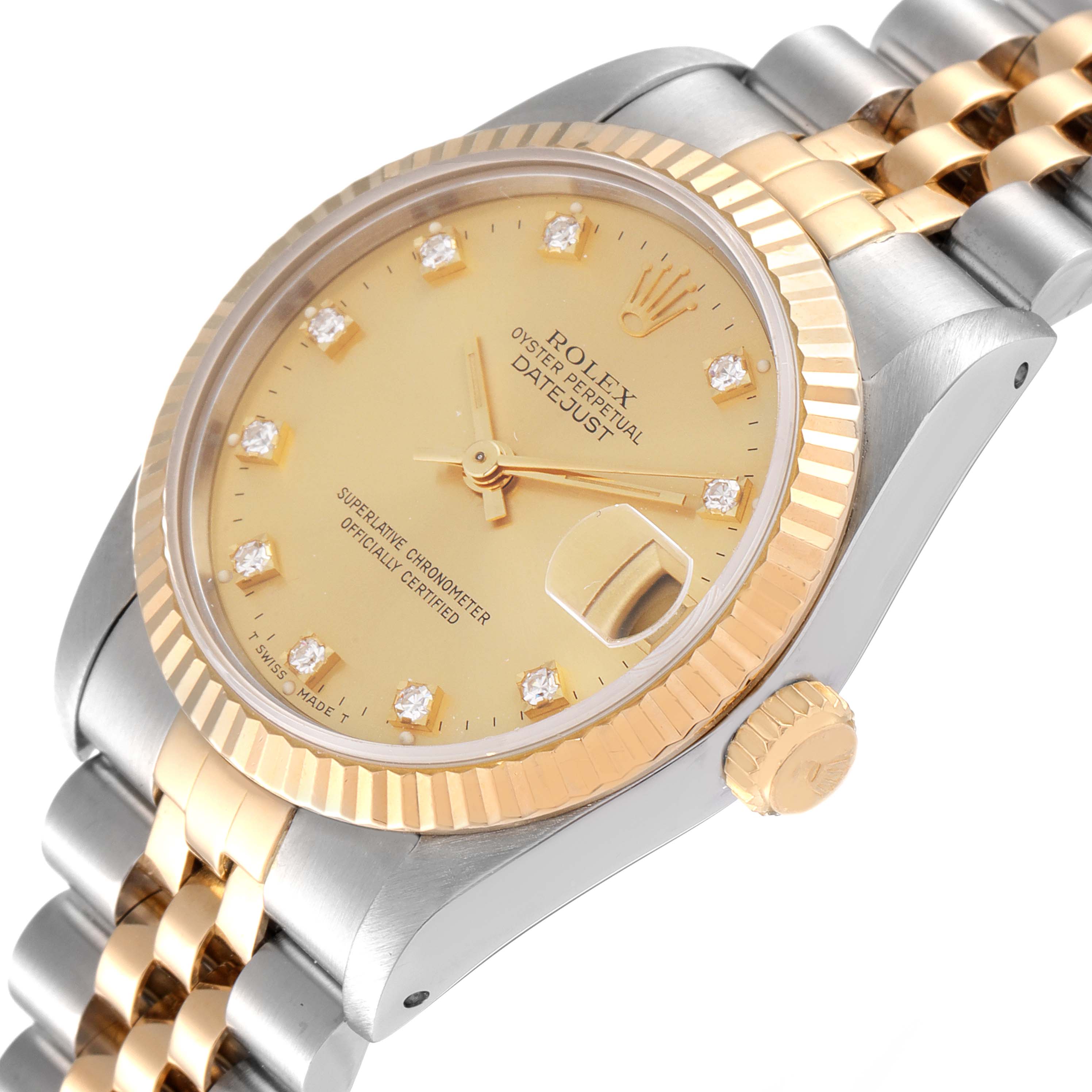 This is a mid-size Rolex Datejust watch shown at an angled close-up, displaying the dial, bezel, crown, and part of the bracelet.