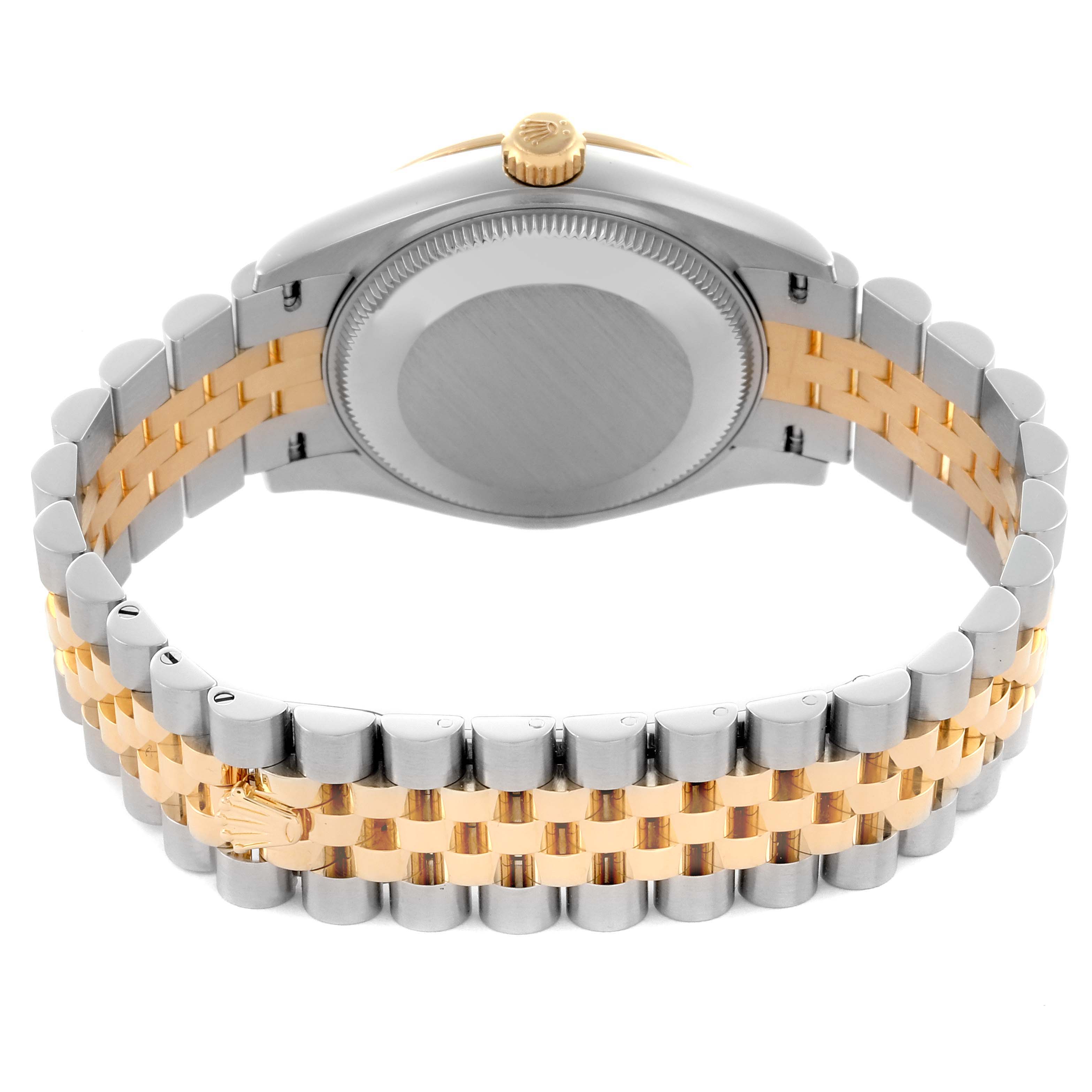 The image shows the back and side view of a Rolex Mid-Size 278273 Women's Steel and Gold (two tone) Mother of Pearl Dial 278273 Women's Steel and Gold (two tone) Mother of Pearl Dial watch, highlighting the two-tone bracelet and case back.