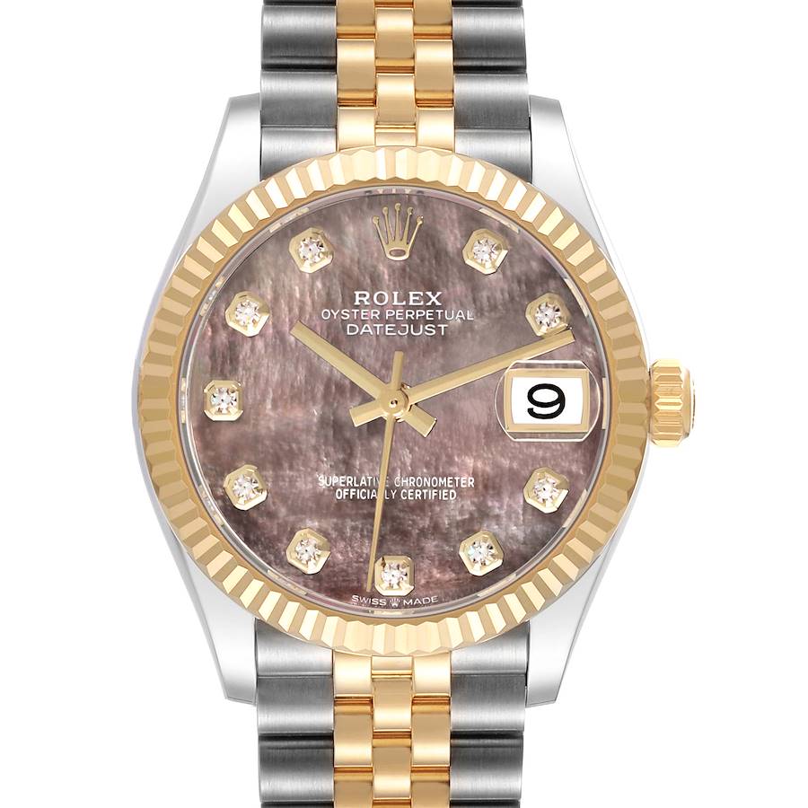 The Rolex Datejust Mid-Size watch is shown from the front, highlighting its two-tone bracelet and diamond markers.