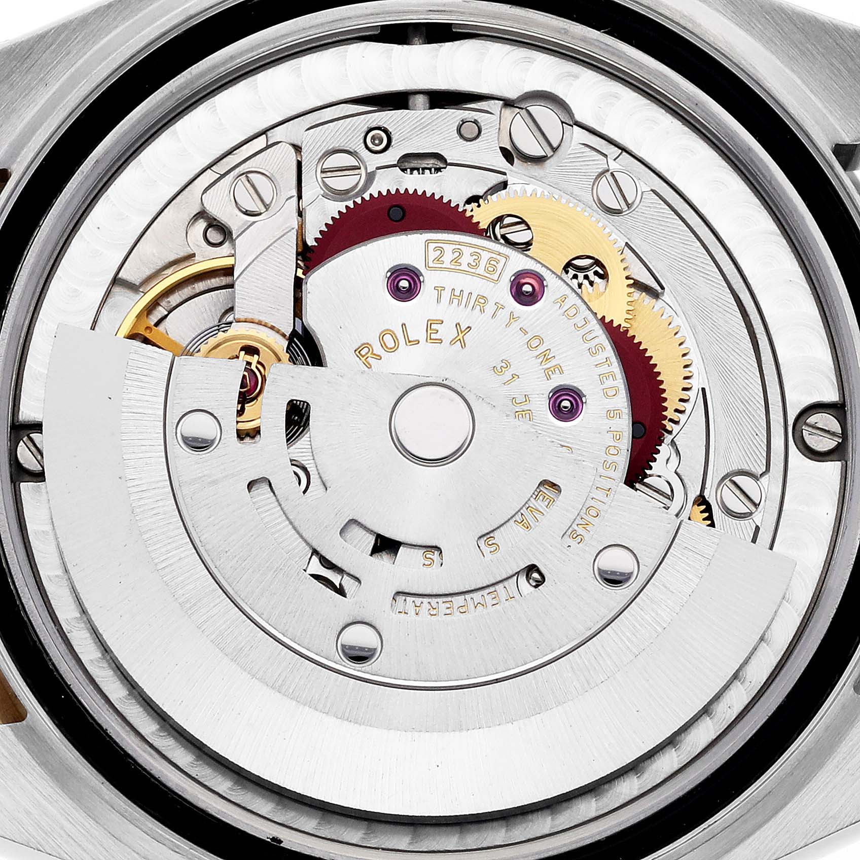 The image shows the internal movement mechanism of a Rolex Mid-Size 278273 Women's Steel and Gold (two tone) Mother of Pearl Dial 278273 Women's Steel and Gold (two tone) Mother of Pearl Dial watch from a direct top-down angle.