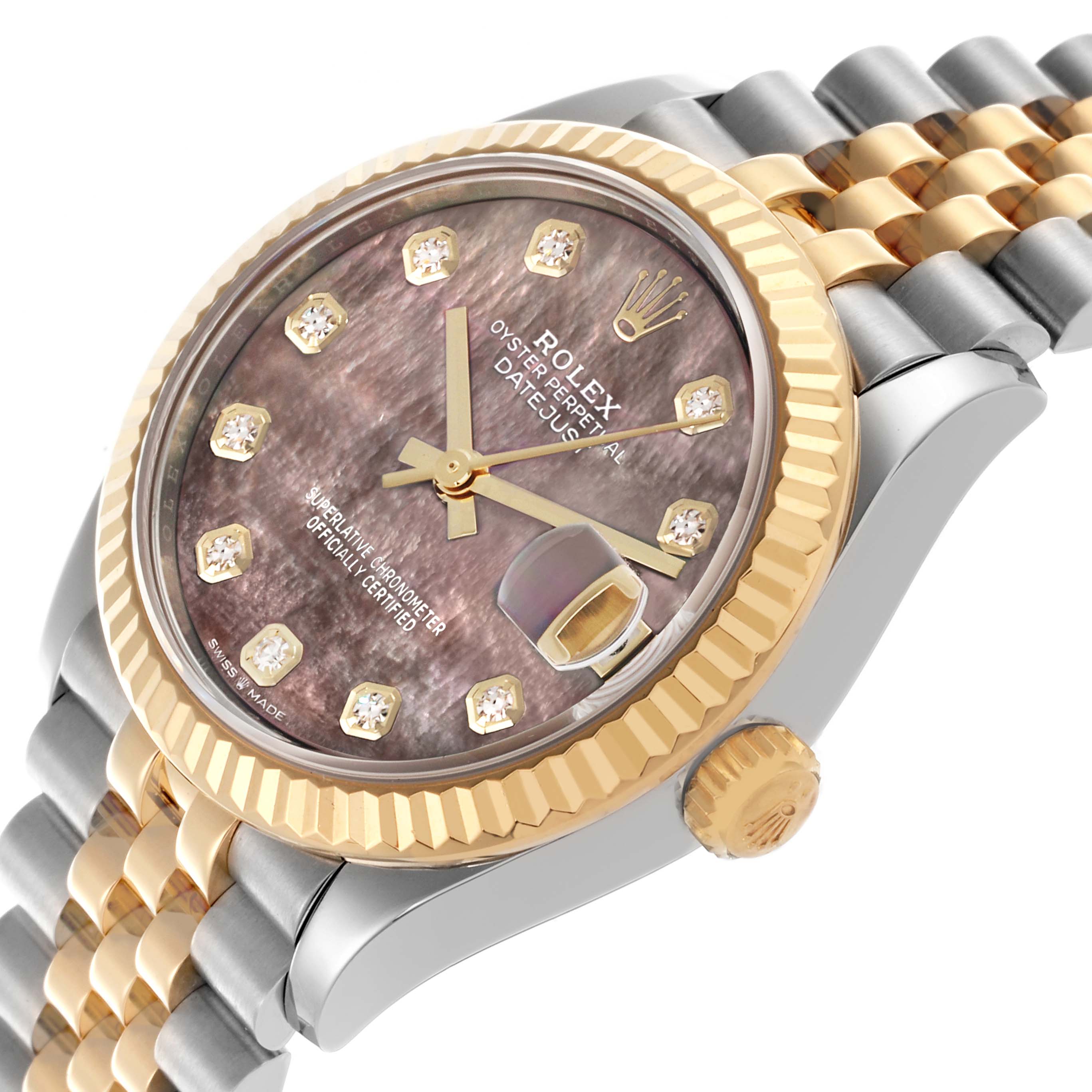 The Rolex Datejust Mid-Size watch is shown at an angled view highlighting its dial, bezel, crown, and two-tone bracelet.