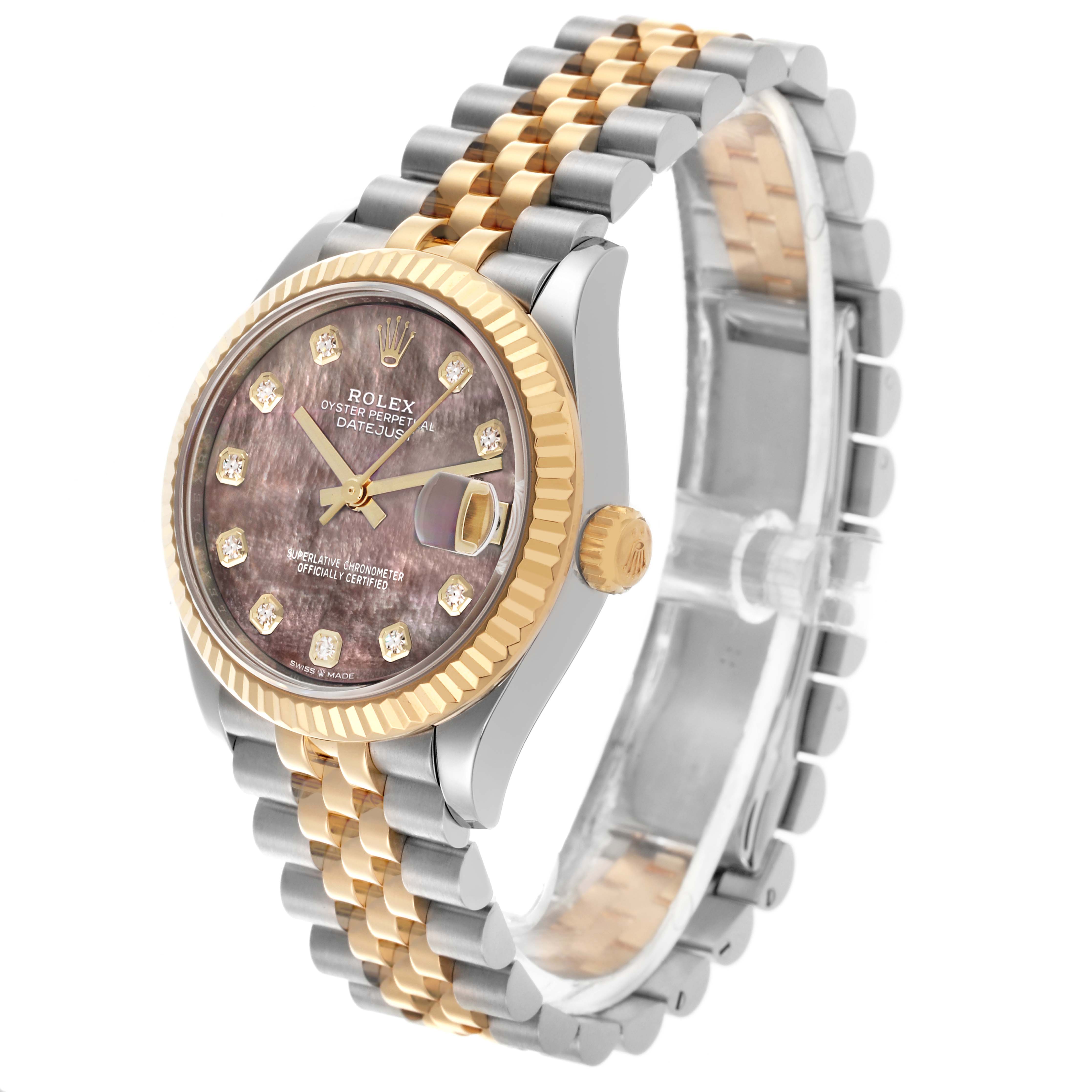 The Rolex Mid-Size 278273 Women's Steel and Gold (two tone) Mother of Pearl Dial 278273 Women's Steel and Gold (two tone) Mother of Pearl Dial model is shown at a three-quarter angle, displaying the face, crown, bezel, and bracelet.