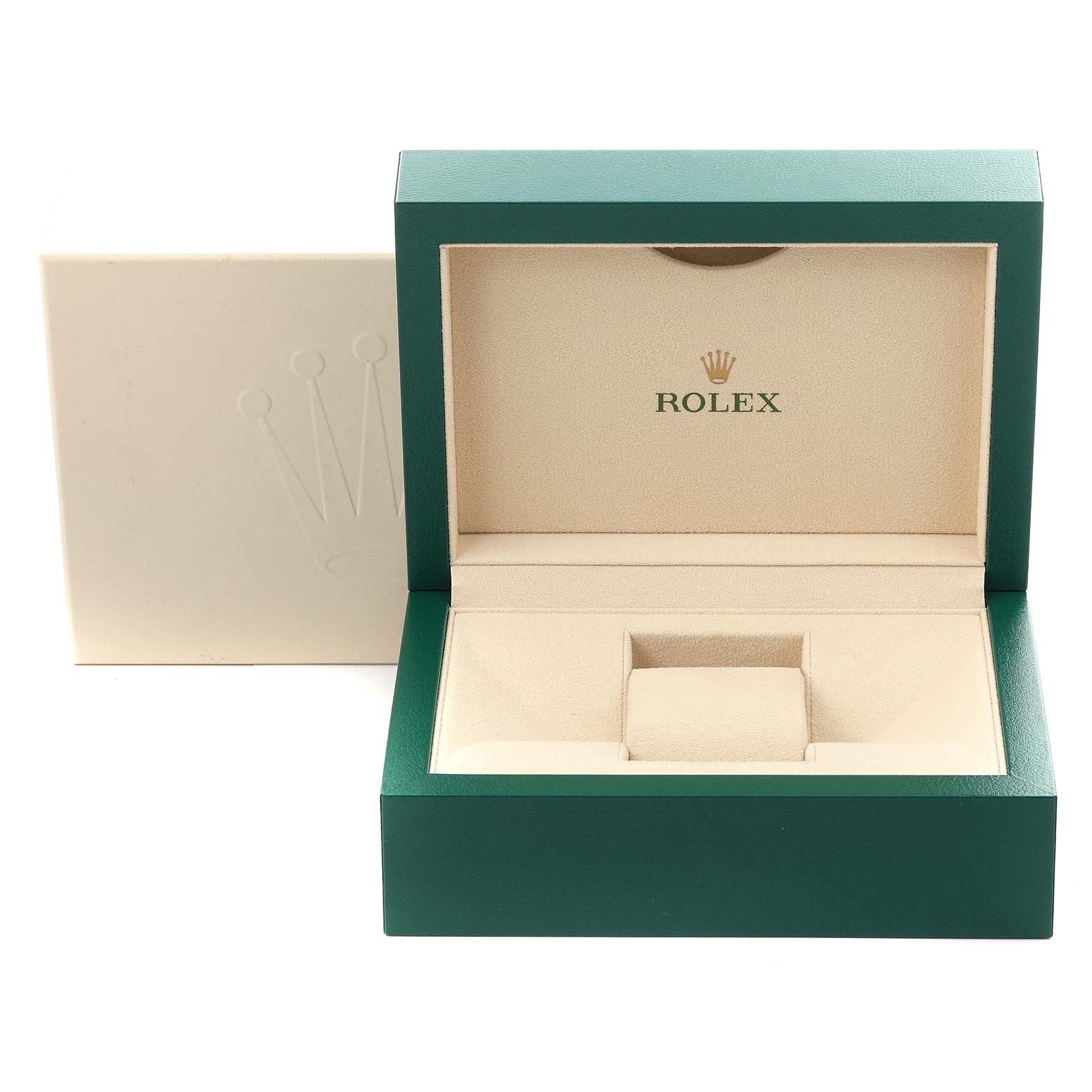 The image shows an open green and beige Rolex box for a Mid-Size model watch, viewed from the front.