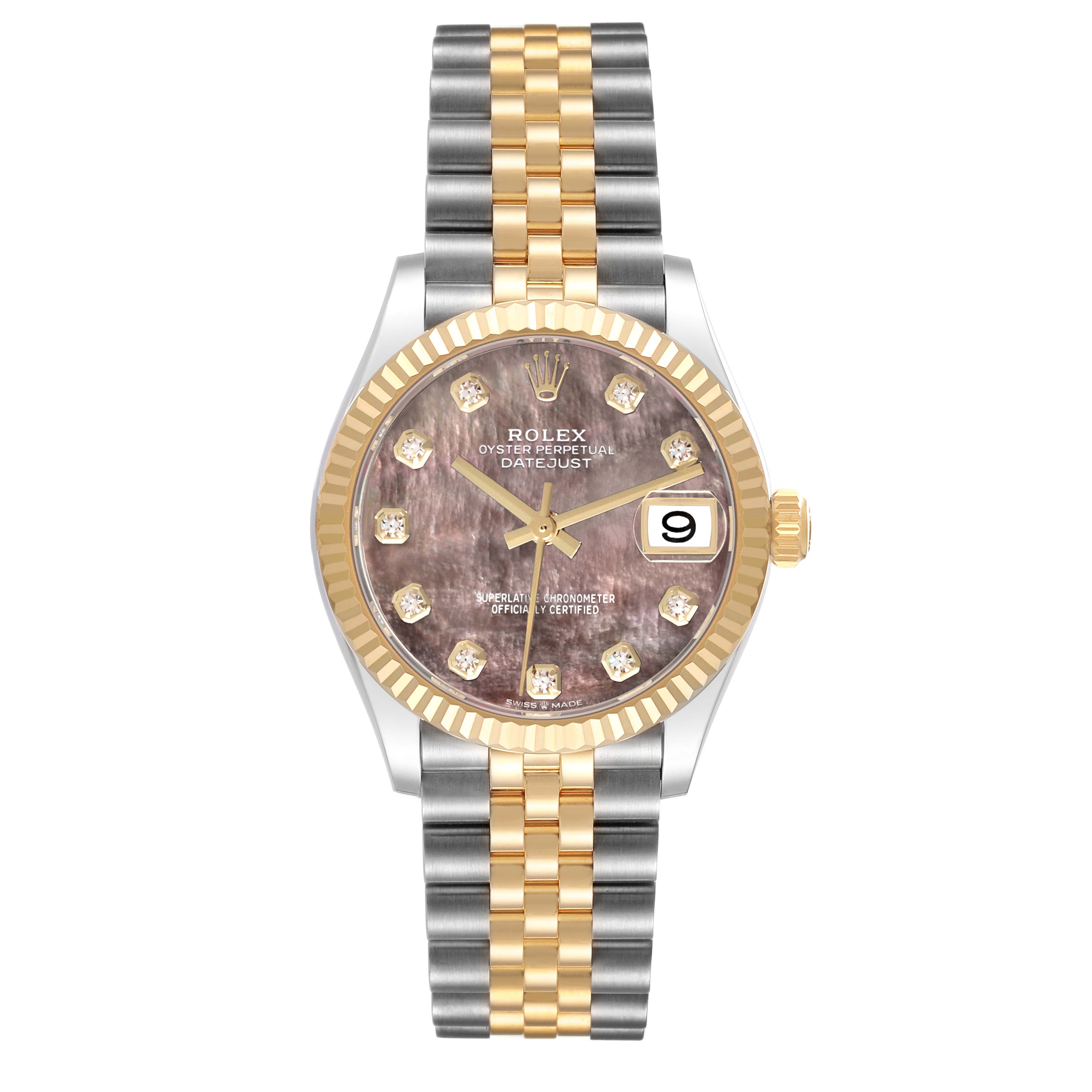 The Rolex Datejust Mid-Size watch is shown from the front, featuring its dial, bezel, and two-tone bracelet.