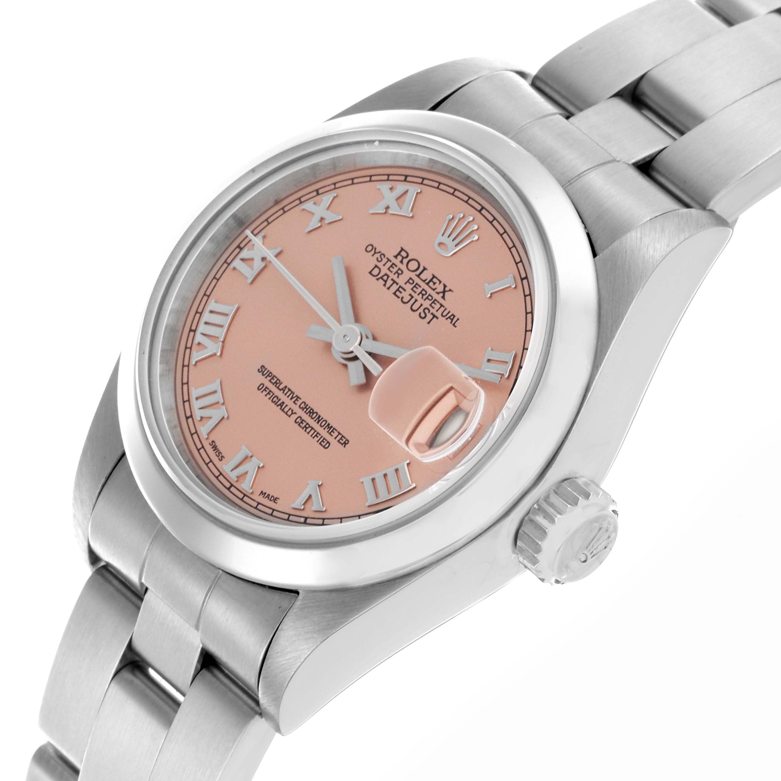 The Rolex Datejust 69160 Women's Stainless Steel Pink Dial 69160 Women's Stainless Steel Pink Dial watch is shown at an angled side view featuring its face, bezel, and part of the bracelet.