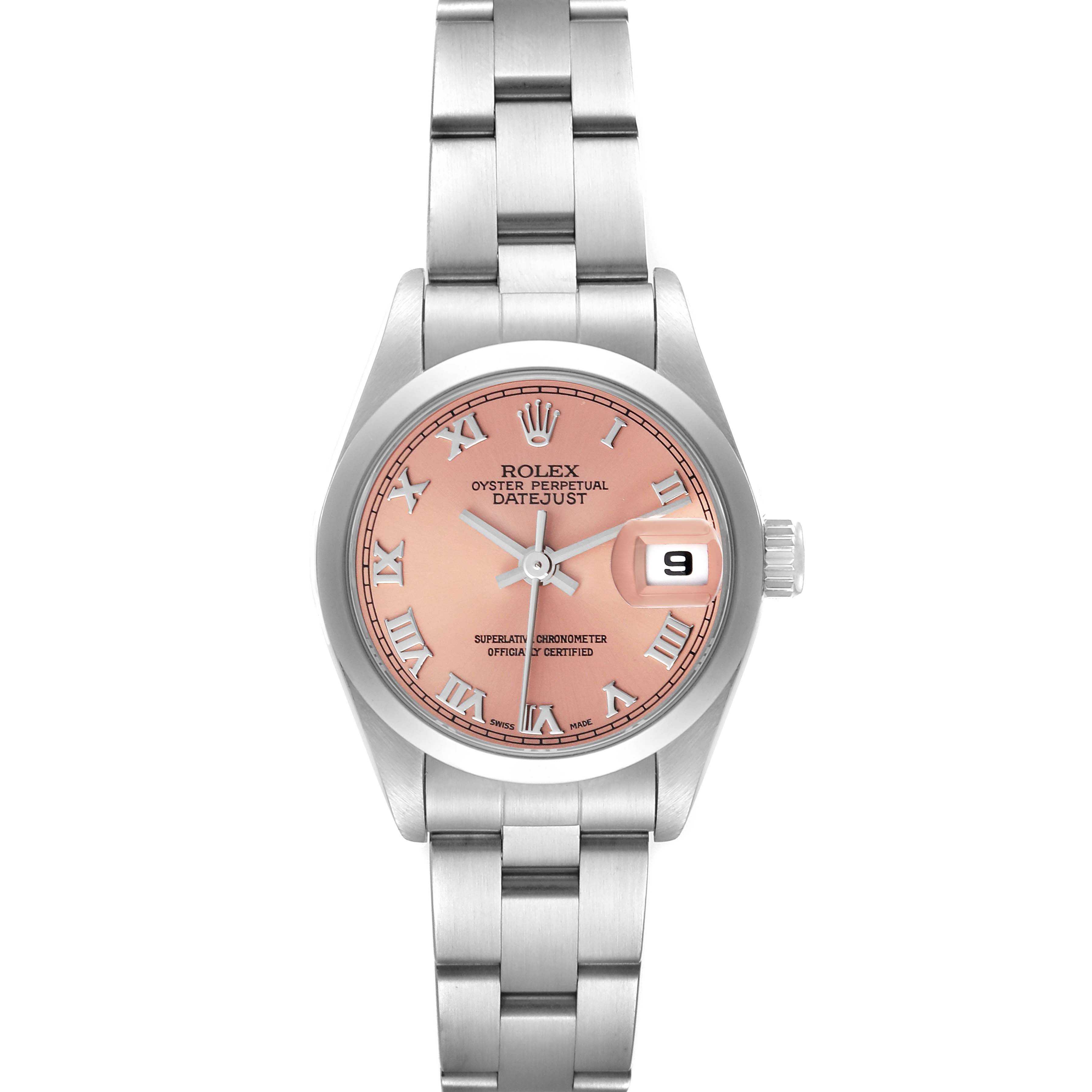 The Rolex Datejust 69160 Women's Stainless Steel Pink Dial 69160 Women's Stainless Steel Pink Dial watch is shown from a top-down angle, featuring its dial, bracelet, and date window.