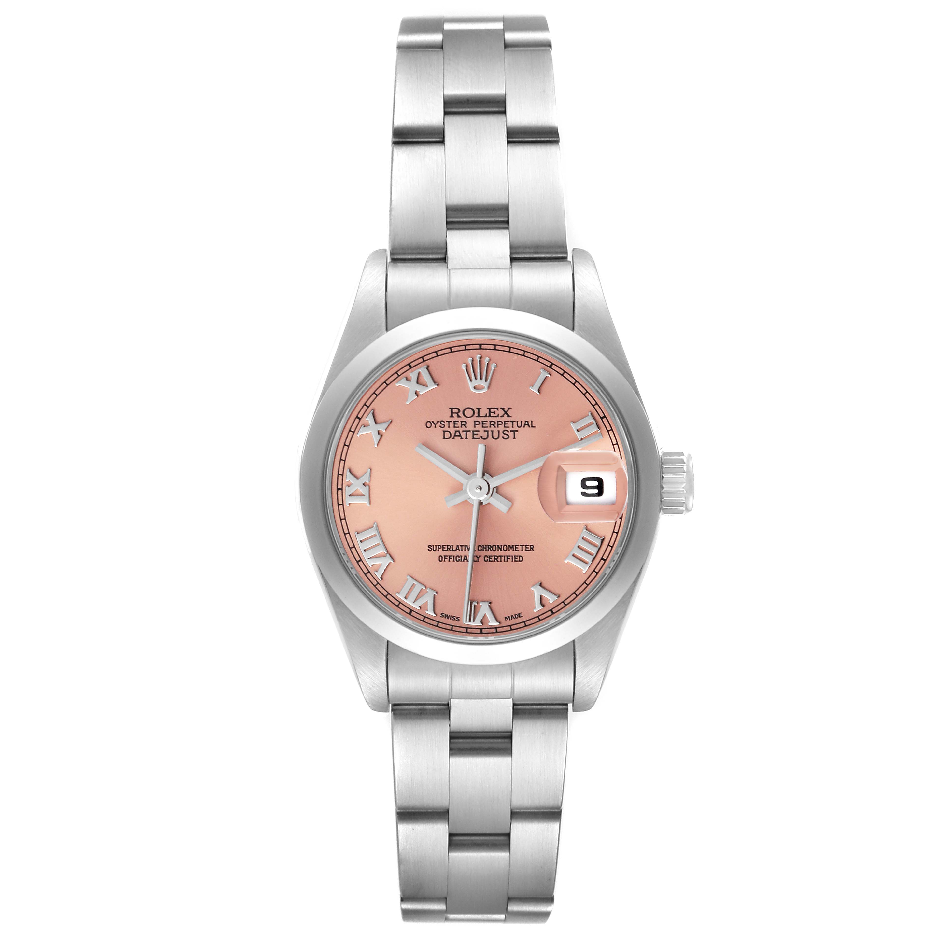 The Rolex Datejust 69160 Women's Stainless Steel Pink Dial 69160 Women's Stainless Steel Pink Dial watch is shown from the front, displaying its dial, bracelet, and crown.