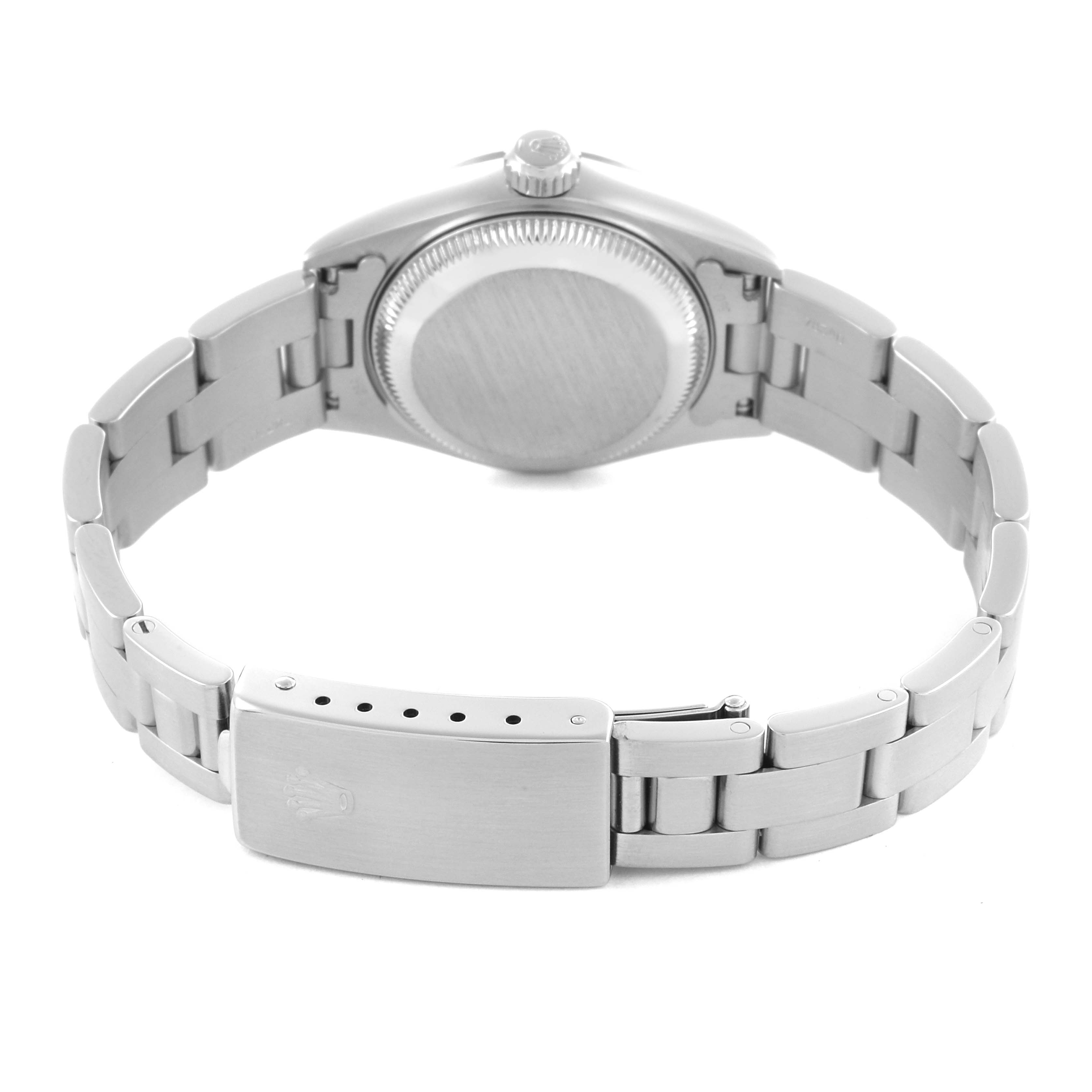 The image shows the back of a Rolex Datejust 69160 Women's Stainless Steel Pink Dial 69160 Women's Stainless Steel Pink Dial, highlighting the case back, bracelet, and clasp.