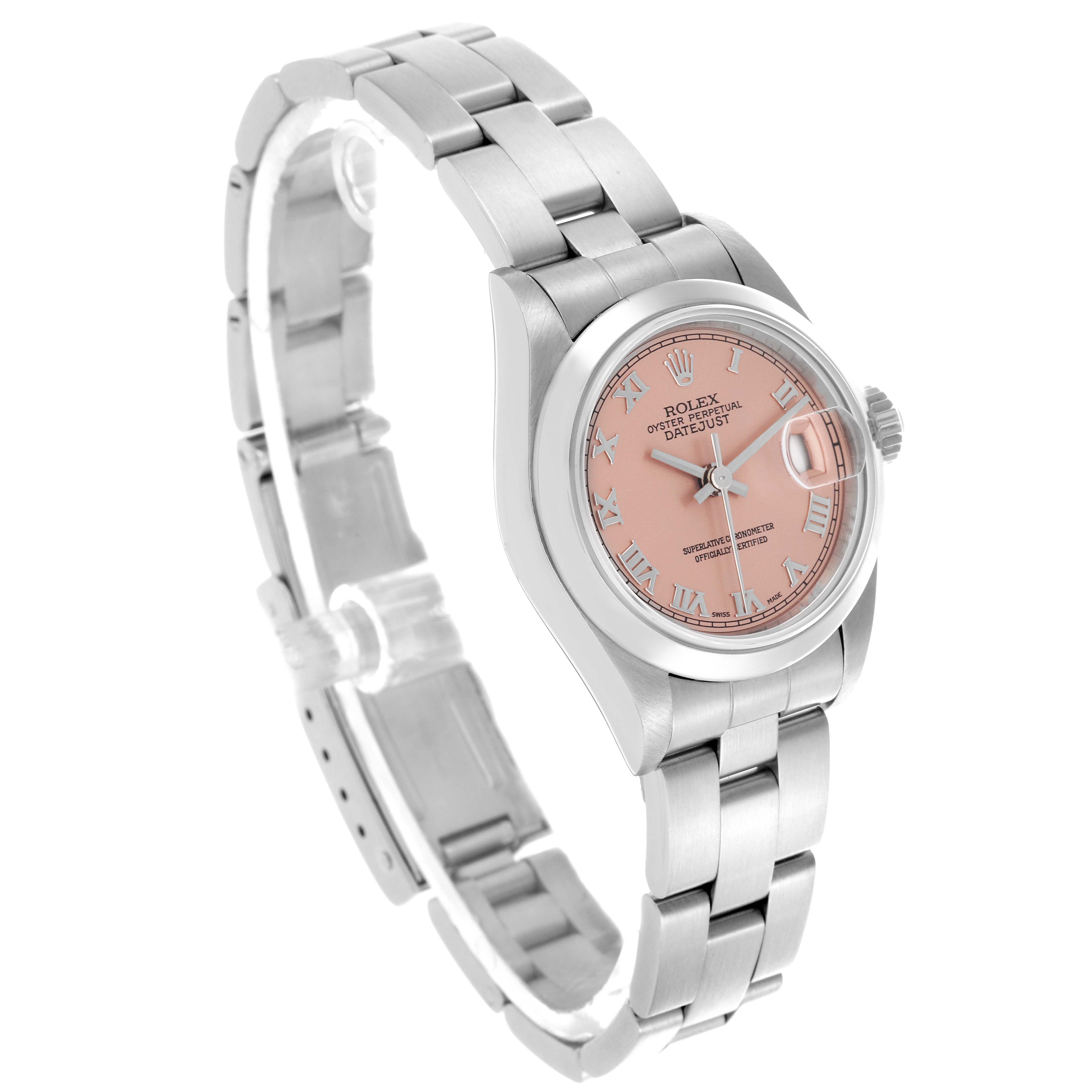 The Rolex Datejust 69160 Women's Stainless Steel Pink Dial 69160 Women's Stainless Steel Pink Dial watch is shown at a three-quarter angle, highlighting the face, bezel, and bracelet.