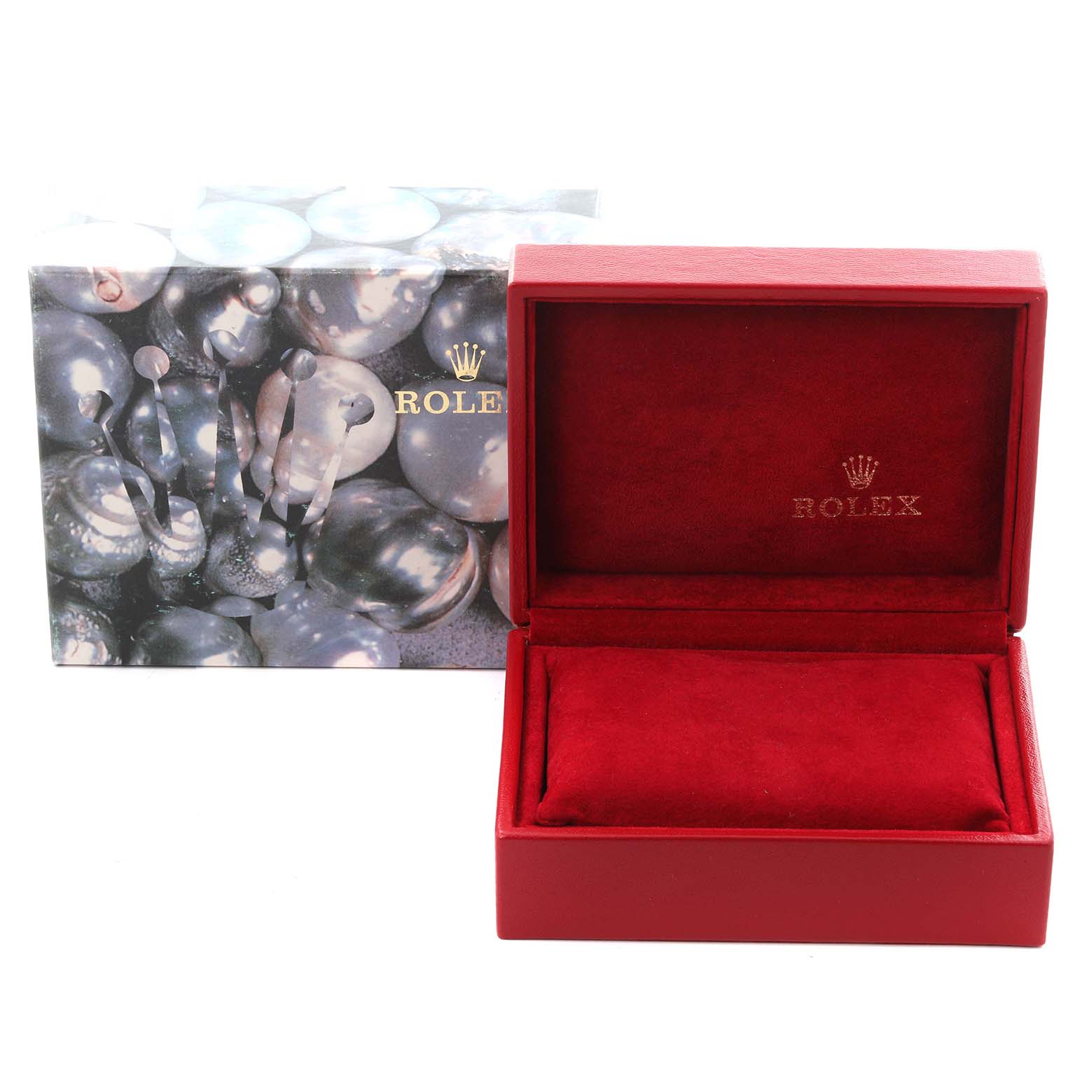 The image shows an open red Rolex Datejust 69160 Women's Stainless Steel Pink Dial 69160 Women's Stainless Steel Pink Dial watch box and its decorative outer packaging.