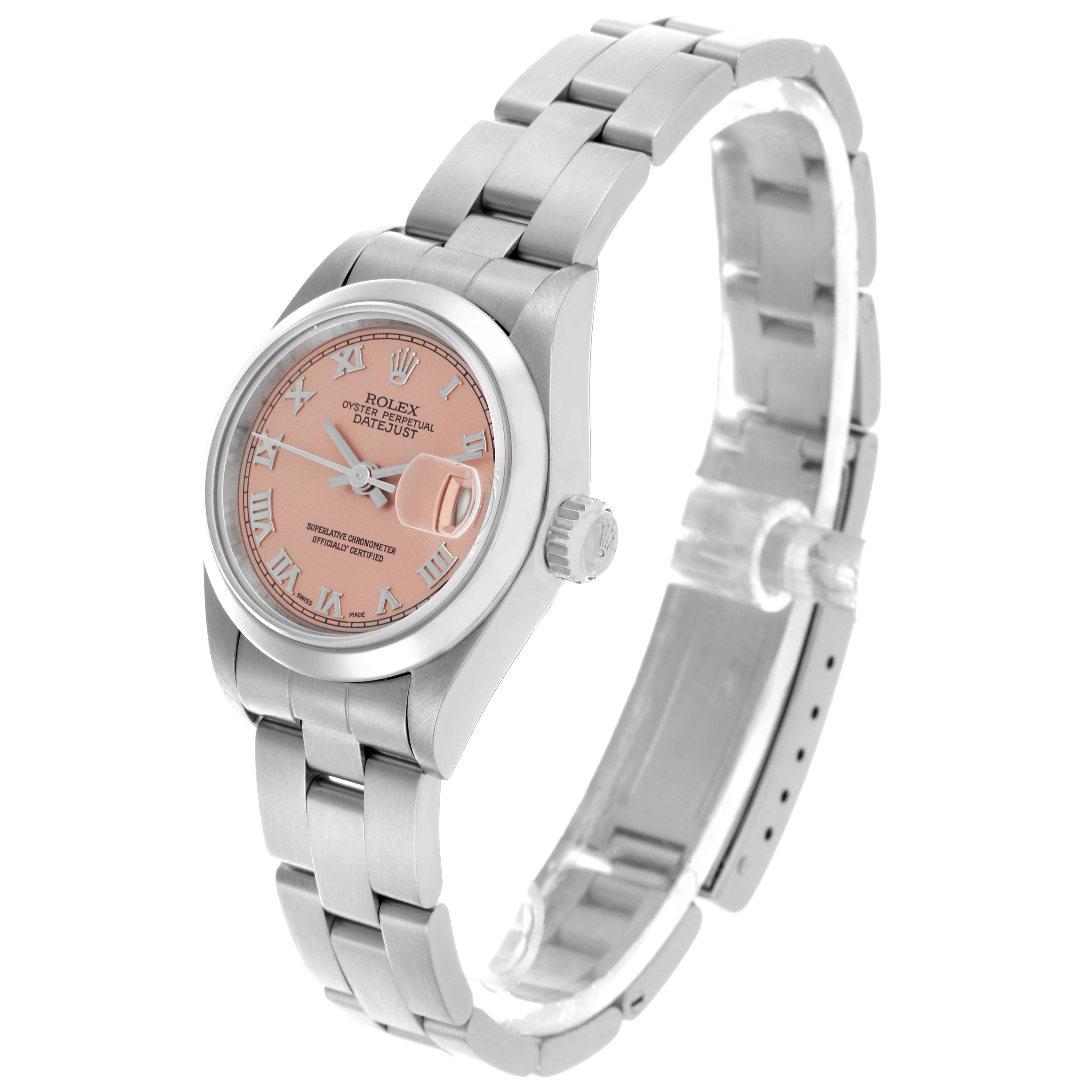 The Rolex Datejust 69160 Women's Stainless Steel Pink Dial 69160 Women's Stainless Steel Pink Dial watch is shown from a front angle, highlighting the pink dial, bezel, crown, and part of the bracelet.