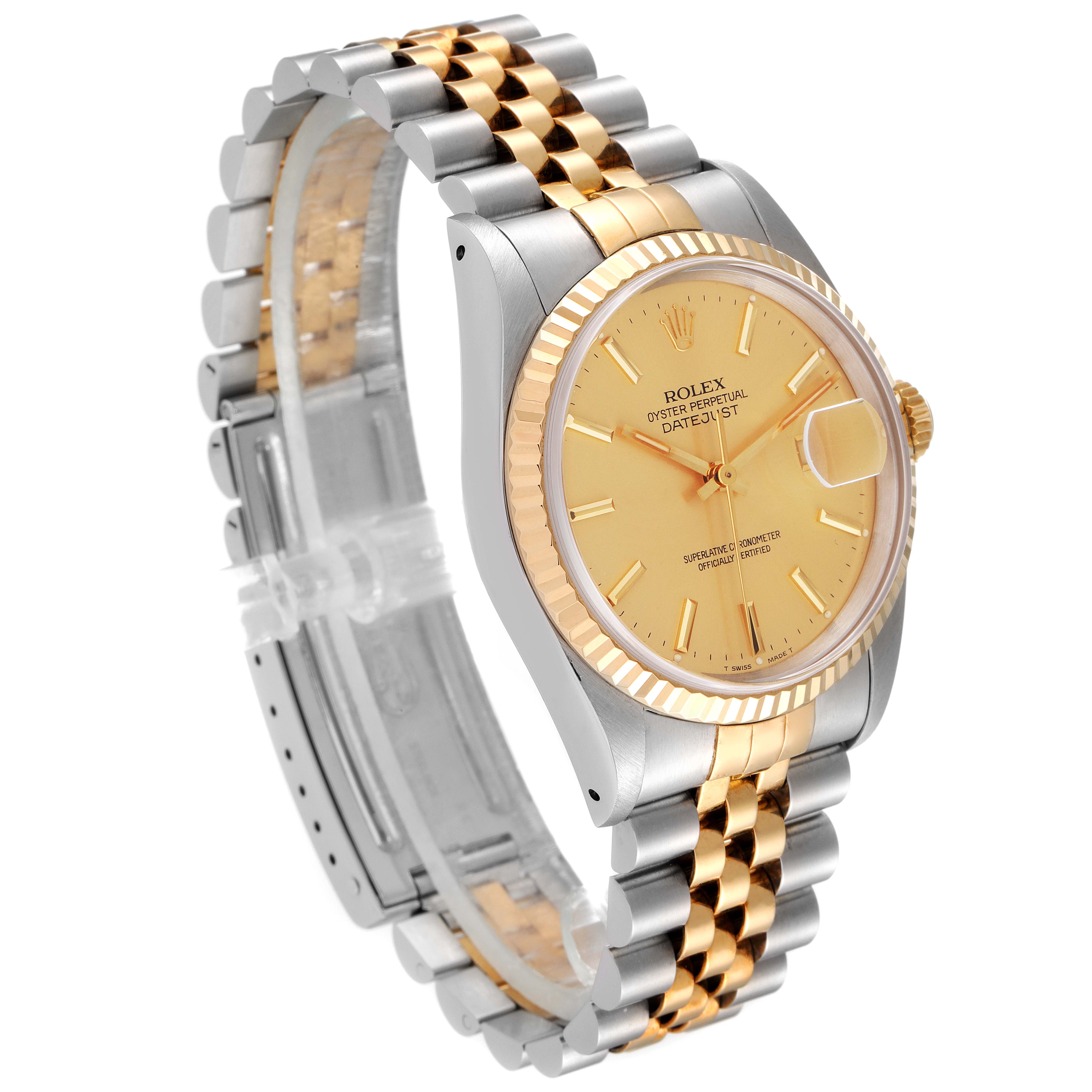 The Rolex Datejust 16233 Men
s Steel and Gold (two tone) Champagne Dial 16233 Men
s Steel and Gold (two tone) Champagne Dial watch is shown at a three-quarter angle, highlighting its face, bezel, and two-tone bracelet.