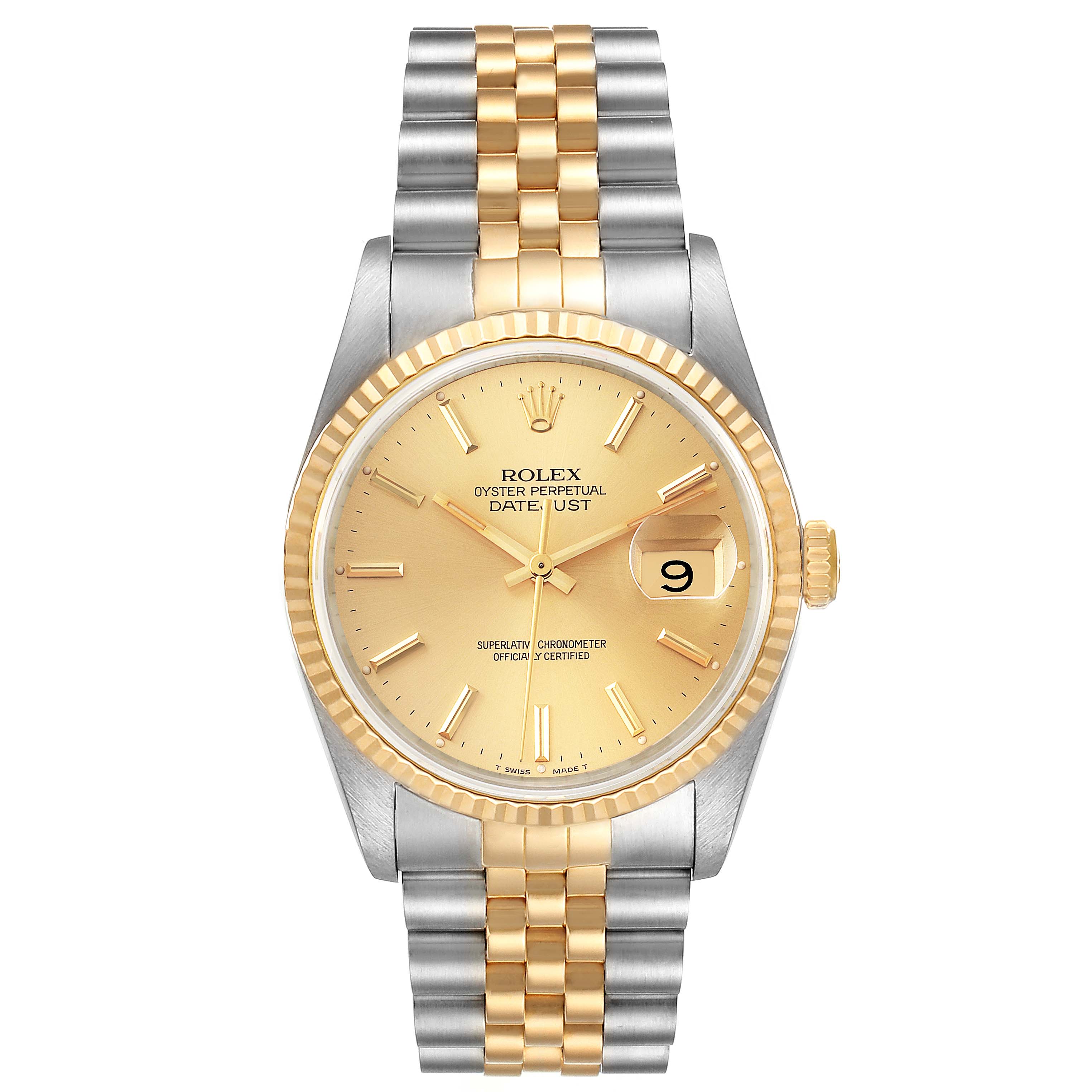 This image shows a Rolex Datejust 16233 Men
s Steel and Gold (two tone) Champagne Dial 16233 Men
s Steel and Gold (two tone) Champagne Dial watch from a front angle, displaying its dial, bezel, and bracelet.