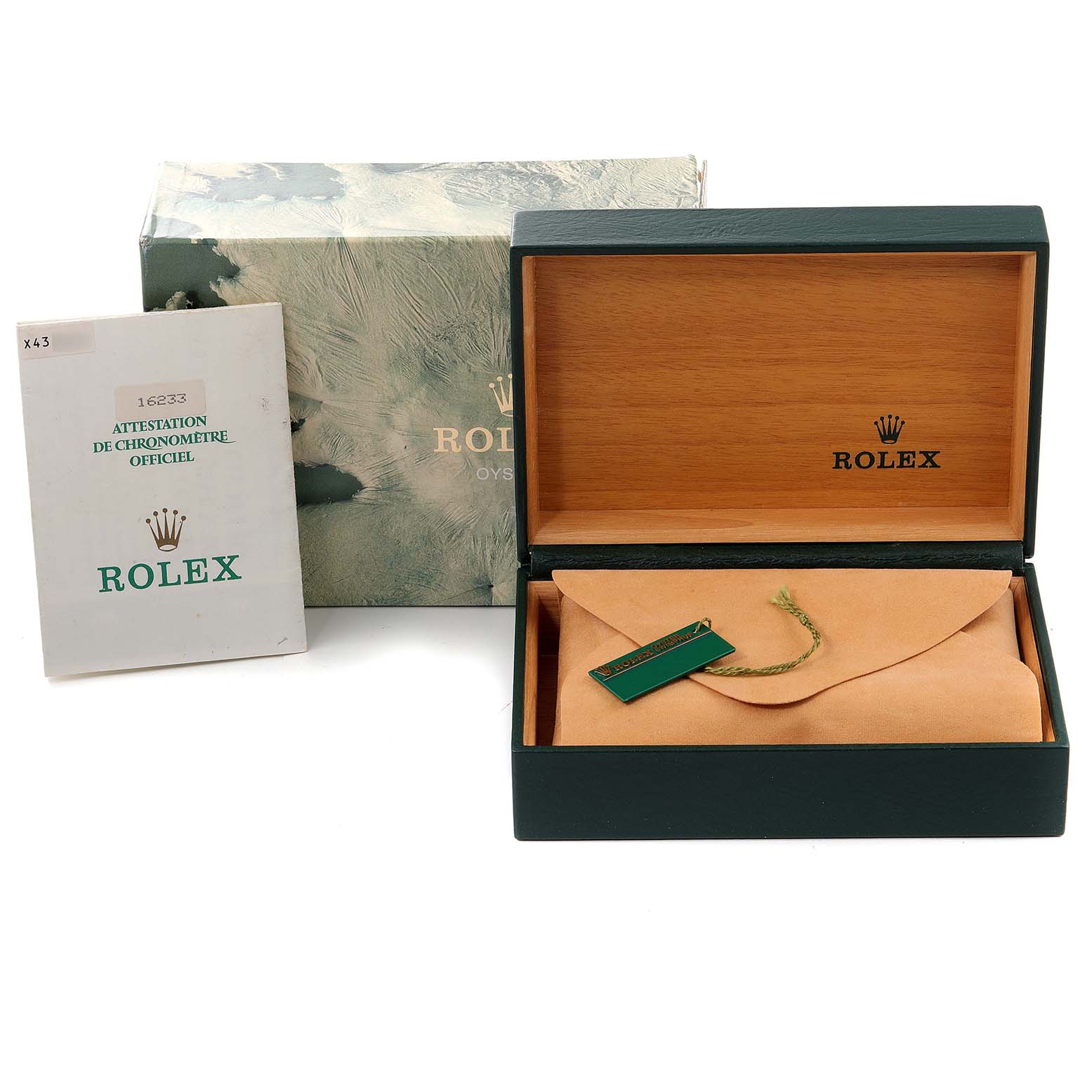 The image shows the packaging of a Rolex Datejust 16233 Men
s Steel and Gold (two tone) Champagne Dial 16233 Men
s Steel and Gold (two tone) Champagne Dial watch, including the outer box, inner wooden box, warranty booklet, and pouch.