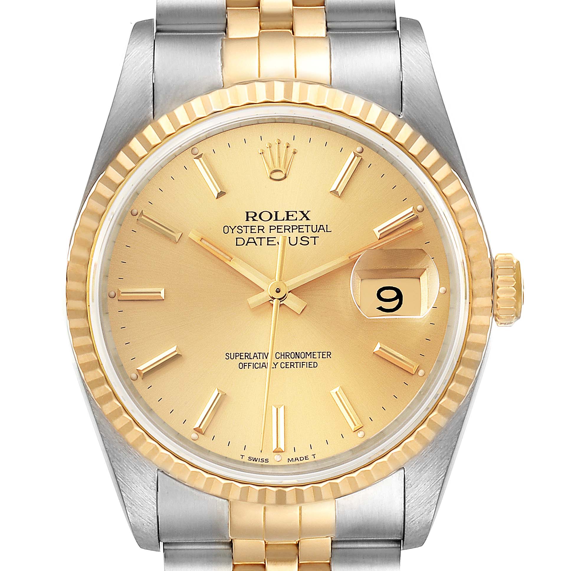 This image shows a front view of a Rolex Datejust 16233 Men
s Steel and Gold (two tone) Champagne Dial 16233 Men
s Steel and Gold (two tone) Champagne Dial watch displaying the dial, bezel, and part of the bracelet.