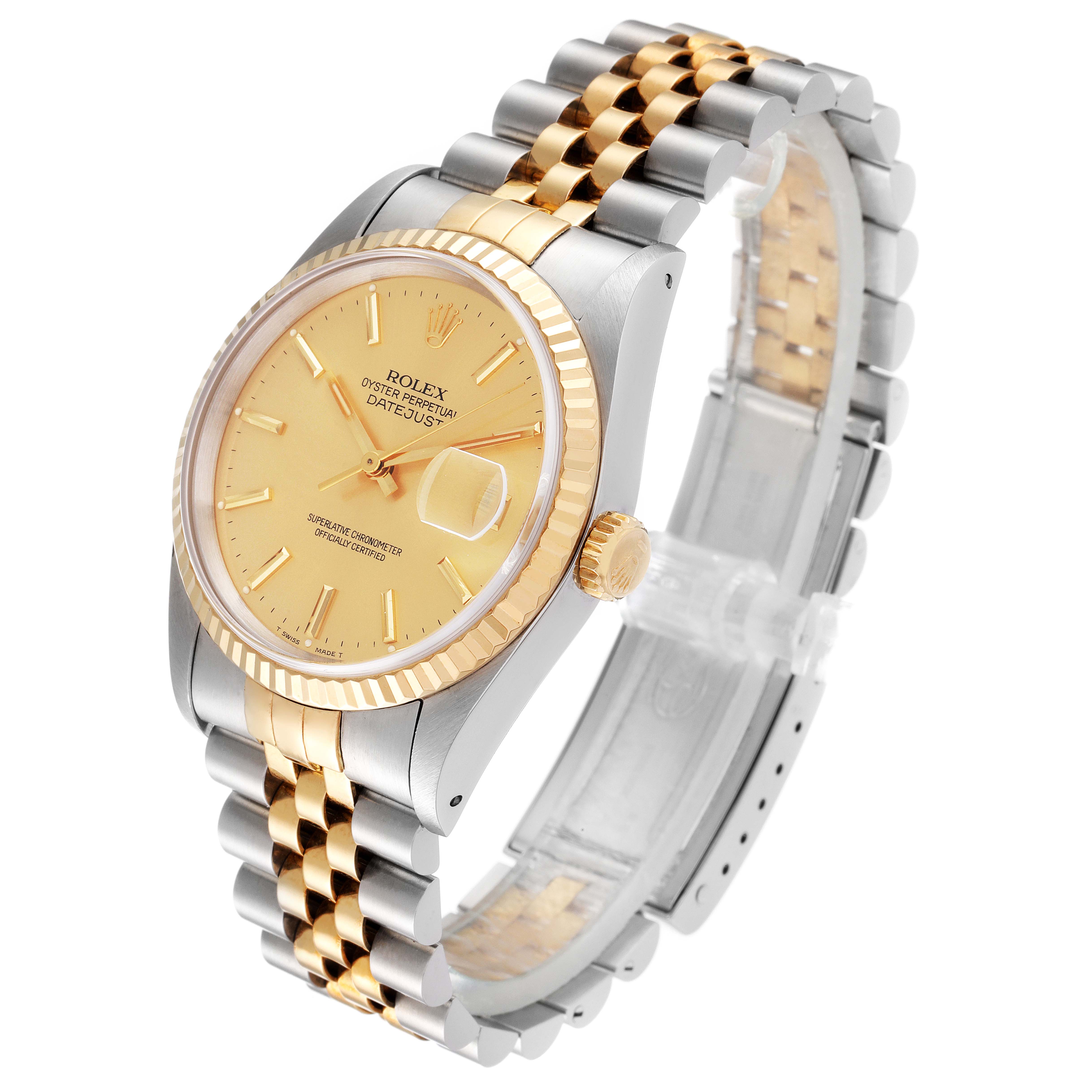 The image shows a Rolex Datejust 16233 Men
s Steel and Gold (two tone) Champagne Dial 16233 Men
s Steel and Gold (two tone) Champagne Dial watch at an angle displaying the dial, bezel, crown, and two-tone bracelet.