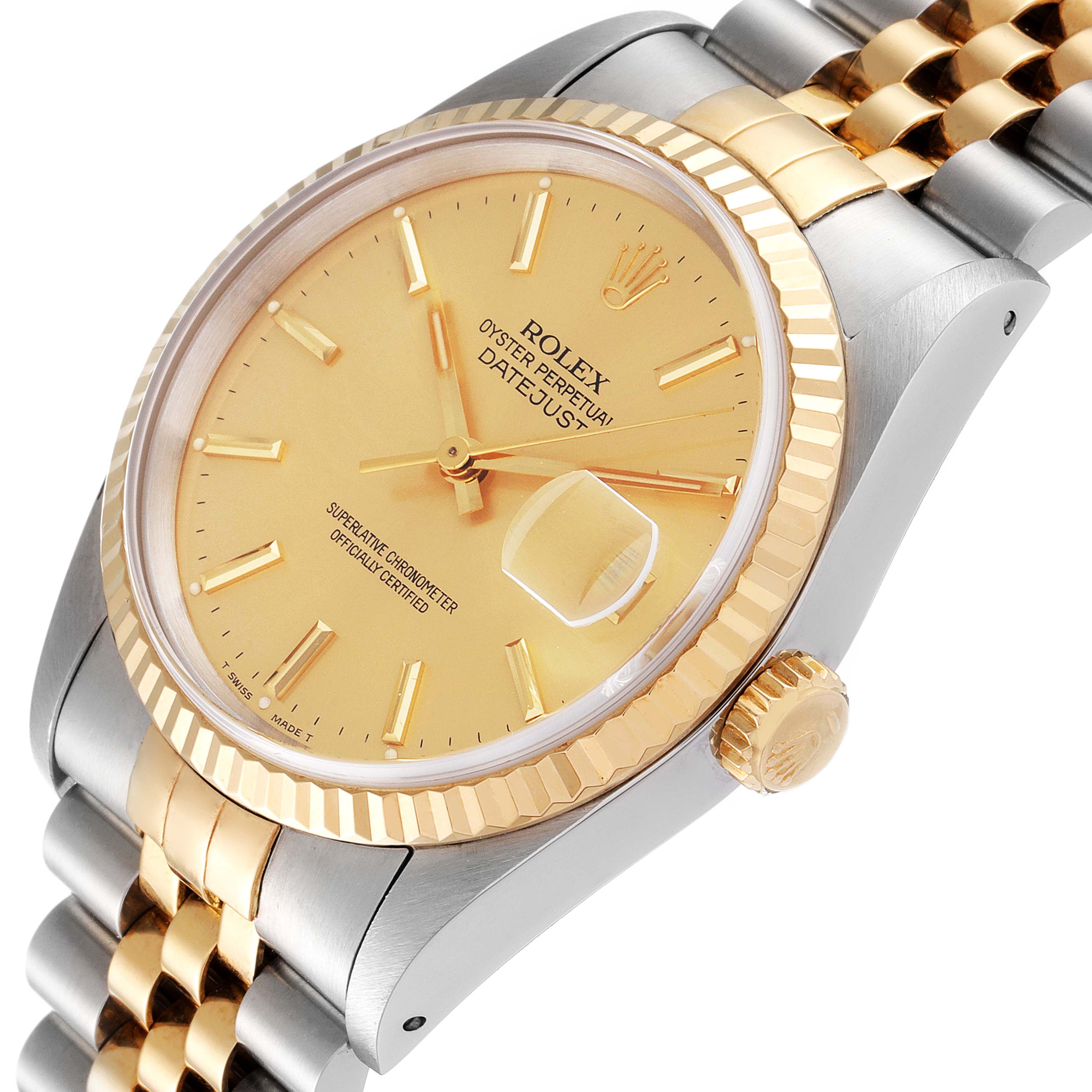 The Rolex Datejust 16233 Men
s Steel and Gold (two tone) Champagne Dial 16233 Men
s Steel and Gold (two tone) Champagne Dial watch is shown at an oblique angle, highlighting the gold dial, fluted bezel, bracelet, and crown.