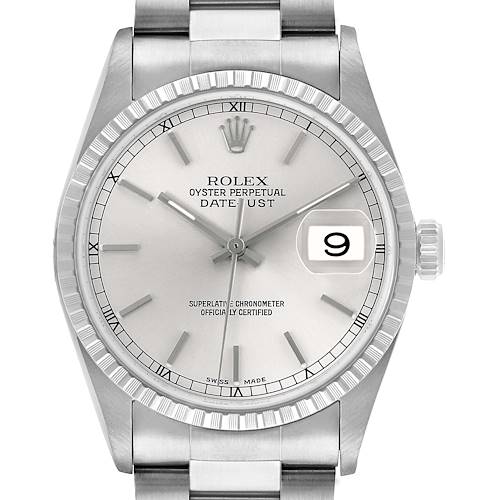 The Rolex Datejust 16220 Men's Stainless Steel Silver Dial watch is shown from the front, highlighting its bezel, dial, hands, bracelet, and magnified date window.