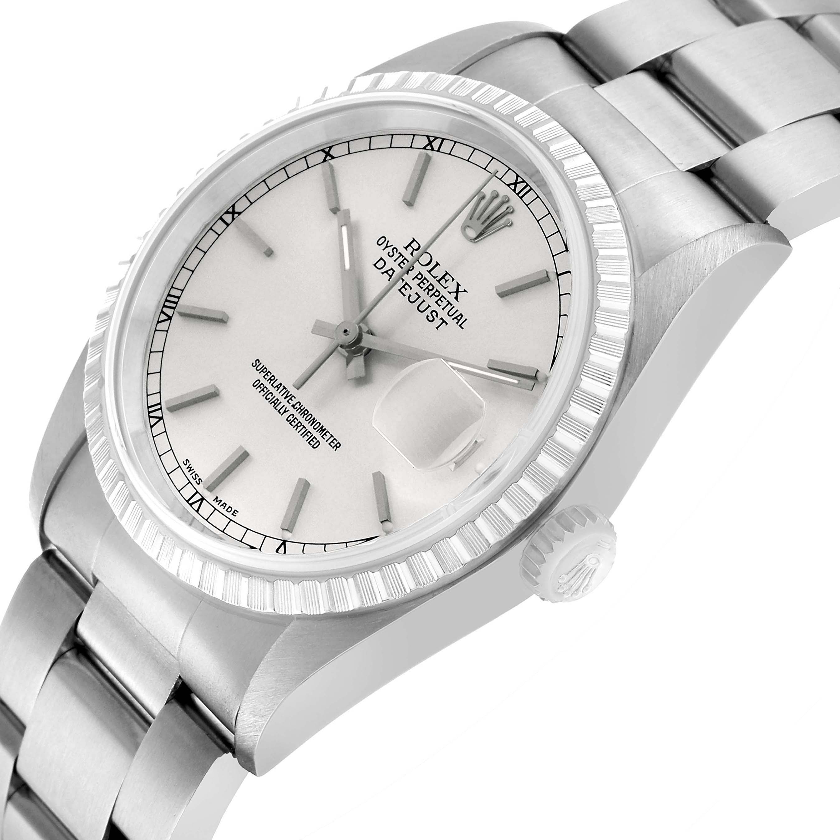 The Rolex Datejust 16220 Men's Stainless Steel Silver Dial watch is shown at a 3/4 angle, displaying the dial, bezel, crown, and part of the bracelet.