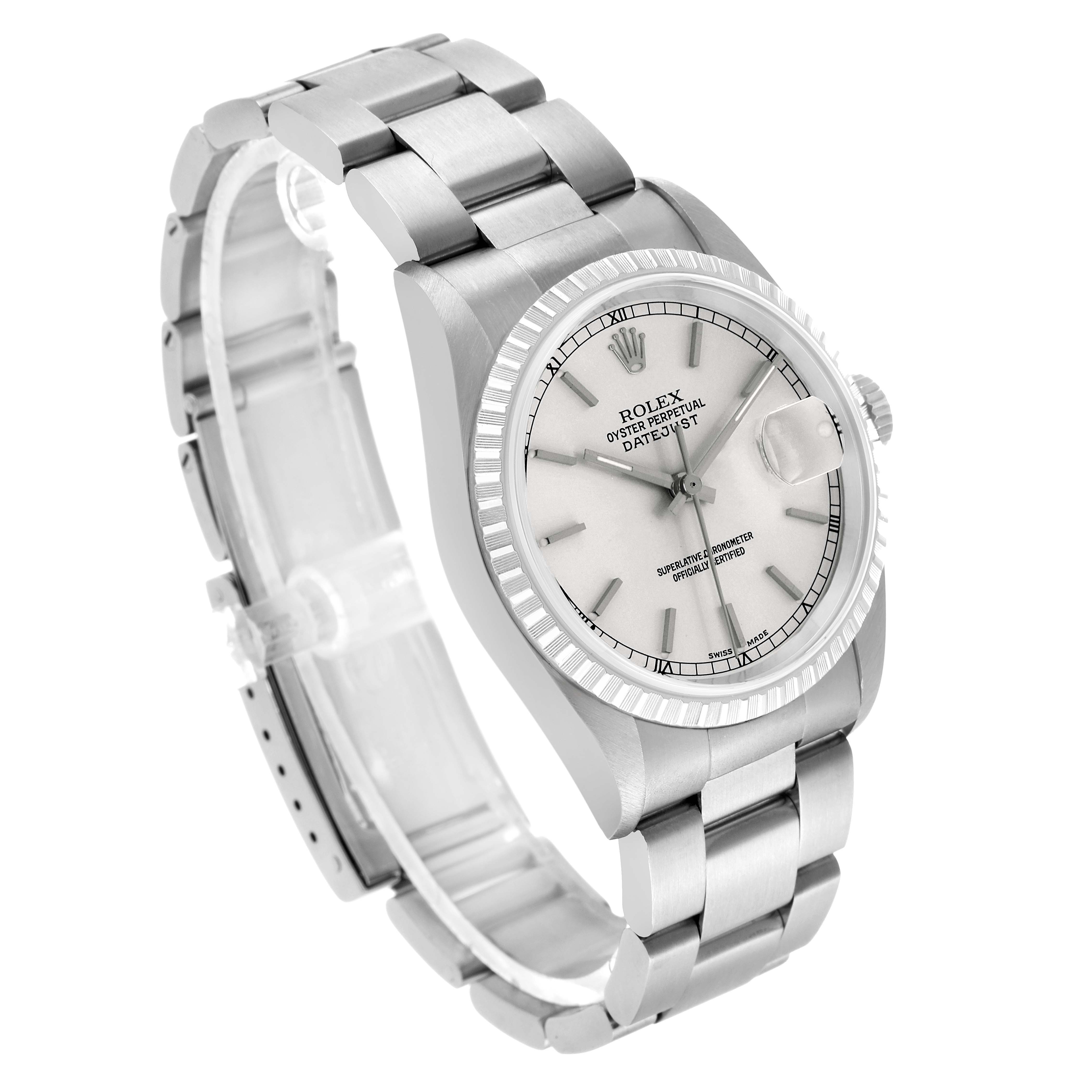 The Rolex Datejust 16220 Men's Stainless Steel Silver Dial is shown at a three-quarter angle, highlighting the dial, bezel, bracelet, and side of the case.