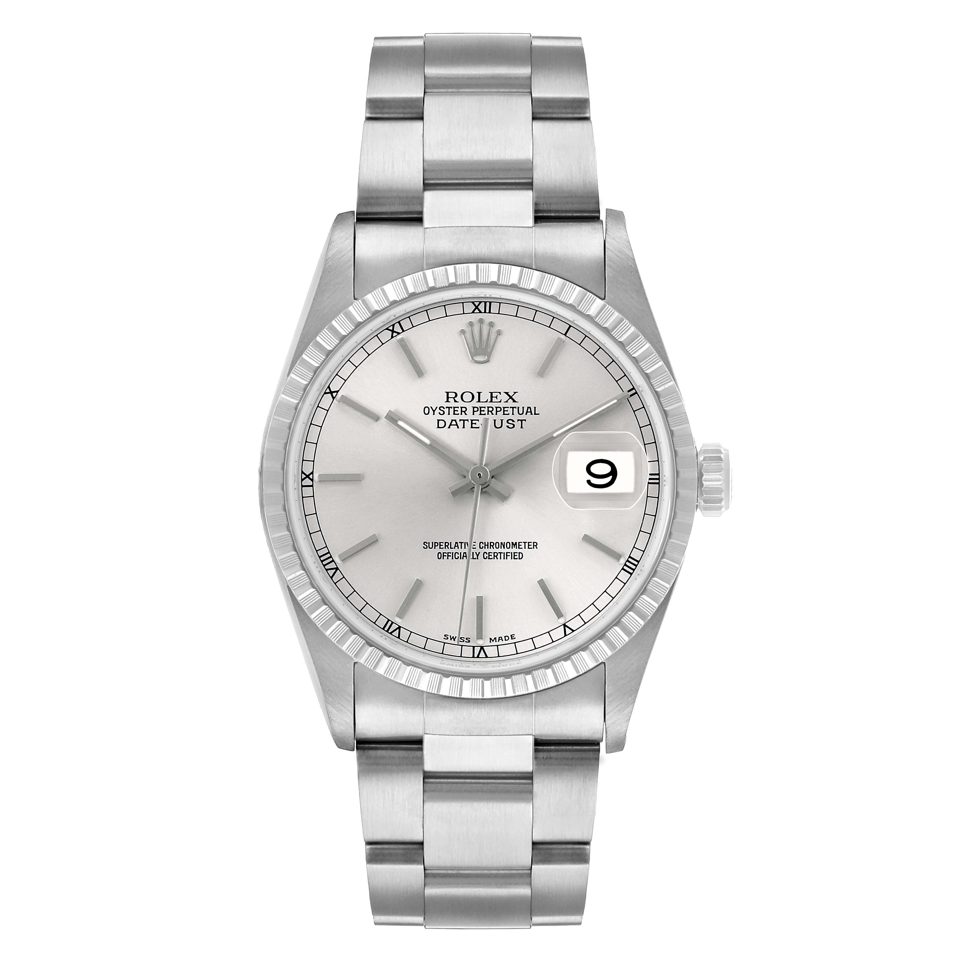 The Rolex Datejust 16220 Men's Stainless Steel Silver Dial watch is shown from a top-down angle, displaying the dial, bezel, and bracelet.